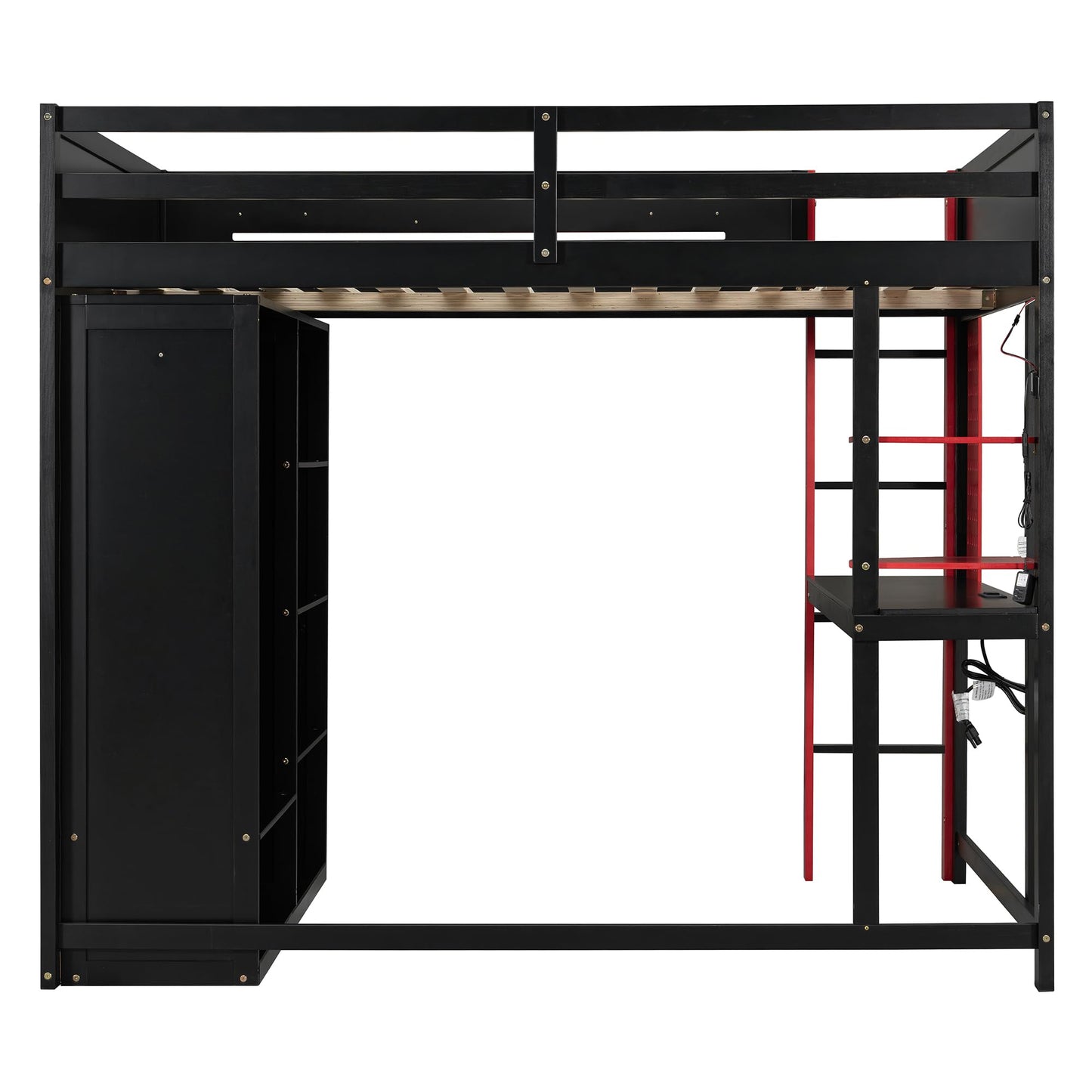 Ball & Cast Gaming Full Size Loft Bed with Desk and Charging Station,Wood Gamer Loft Beds Frame W/Open Wardrobe&RGB Light,High Loft Bed W/Full-Length Guardrail,Bedroom Furniture for Student Dorms,Red