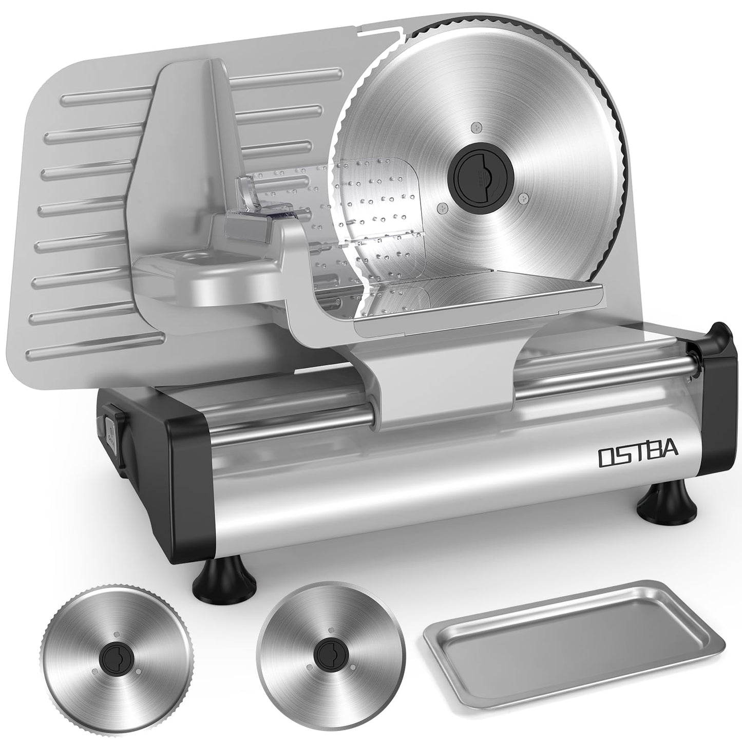 OSTBA Electric Meat Slicer with 200W DC Motor, 2 Removable 8.7” Stainless Steel Blades, Adjustable Thickness 0–15mm, Food Tray & Hand Grip, Commercial Deli Food Slicer for Meat, Cheese, Bread, Veggies