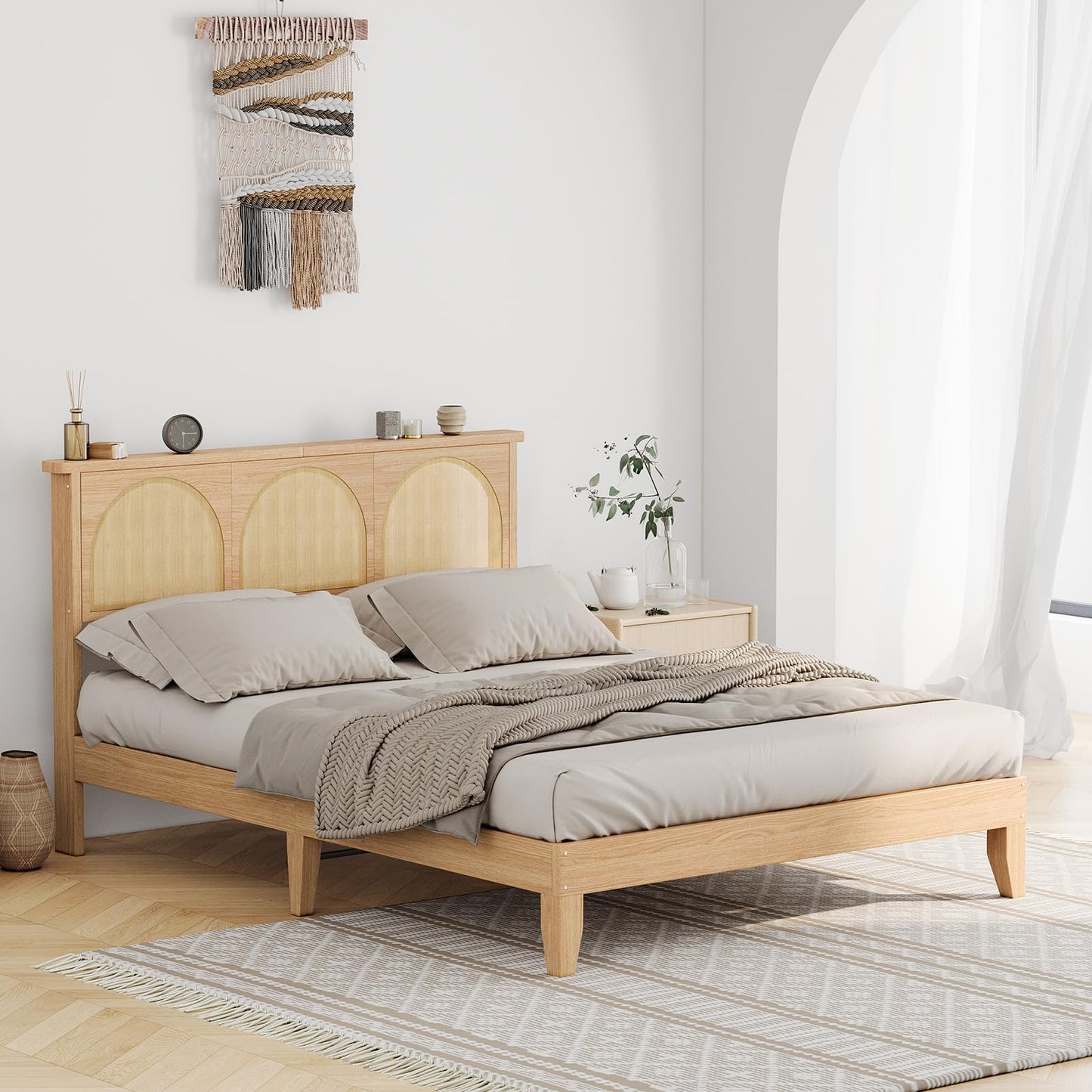 GarveeHome Boho Full Bed Frame, Solid Wood Bed with Natural Rattan Headboard & LED Lights, Wooden Platform Bed No Box Spring Needed, Storage Underneath, Sturdy Noise-Free Bed Frame, Easy Assembly