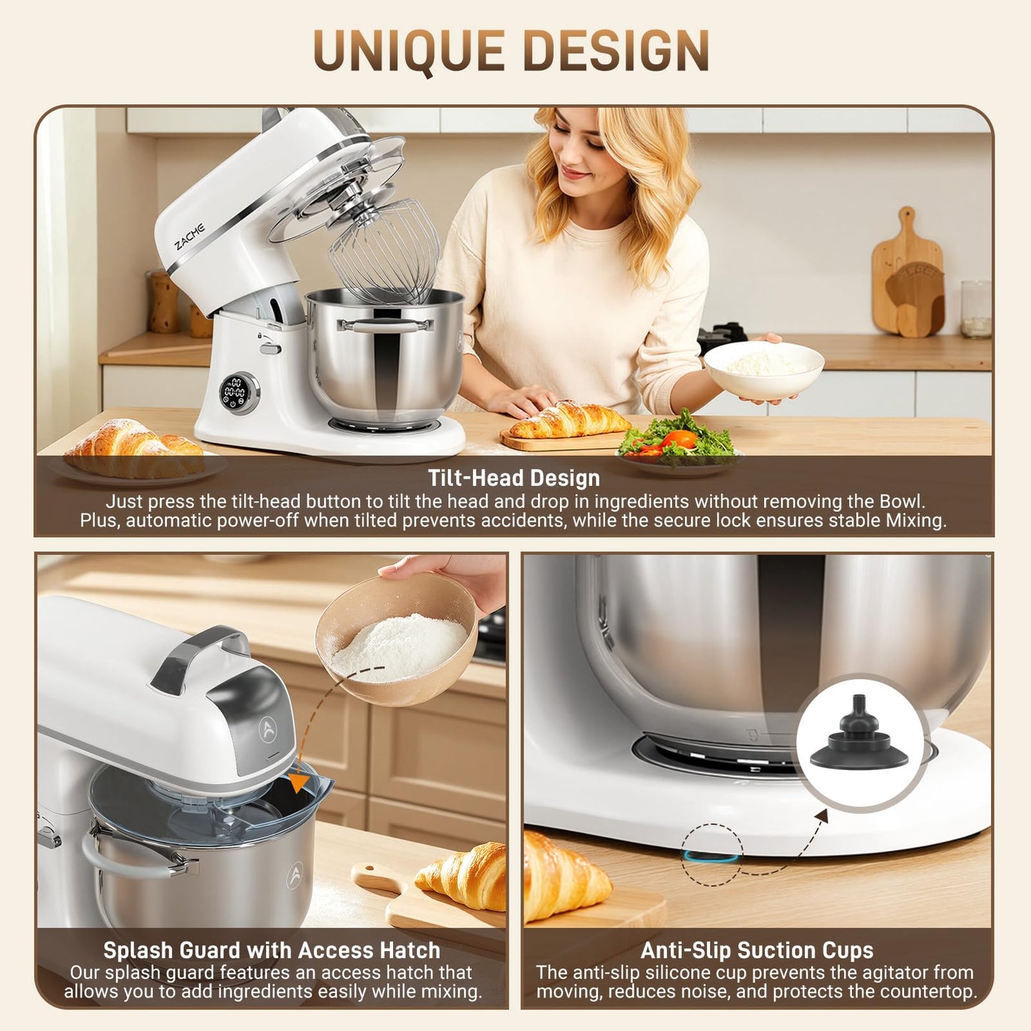 ZACME 7 Quart Stand Mixer Aluminum Die Casting, 650W 12 Speed Tilt-Head Kitchen Electric Stand Mixer, Household Food Mixer with Stainless Steel Bowl, Dough Hook, Whisk and Beater-Porcelain