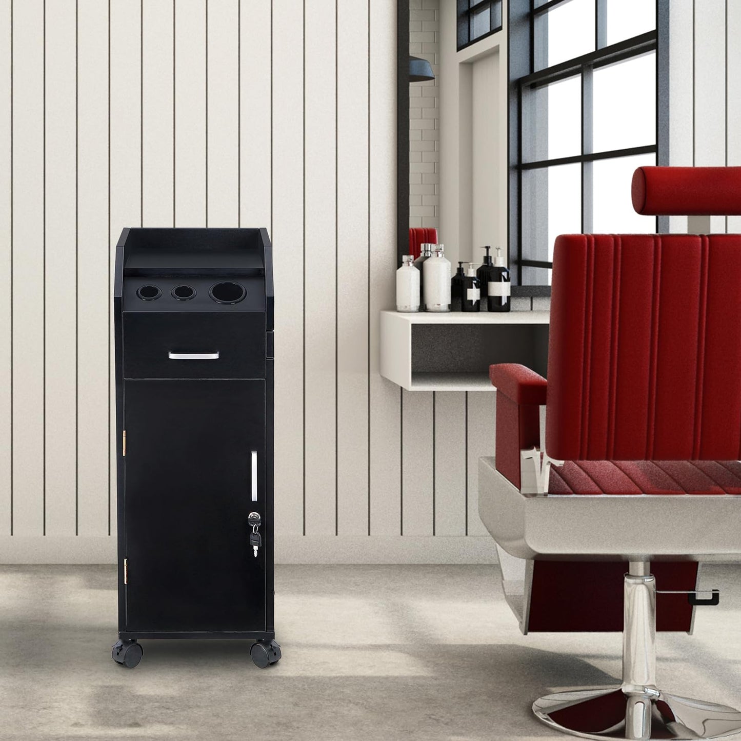 Salon Cart for Hair Stylists, Lockable Wood Trolley Cart on Wheels, 4-Drawer Storage Cabinet, Hair Dryer Holders, Rolling Salon Station for Beauty Spa Barber Tattoo,Beauty Salon Trolley Storage Cart