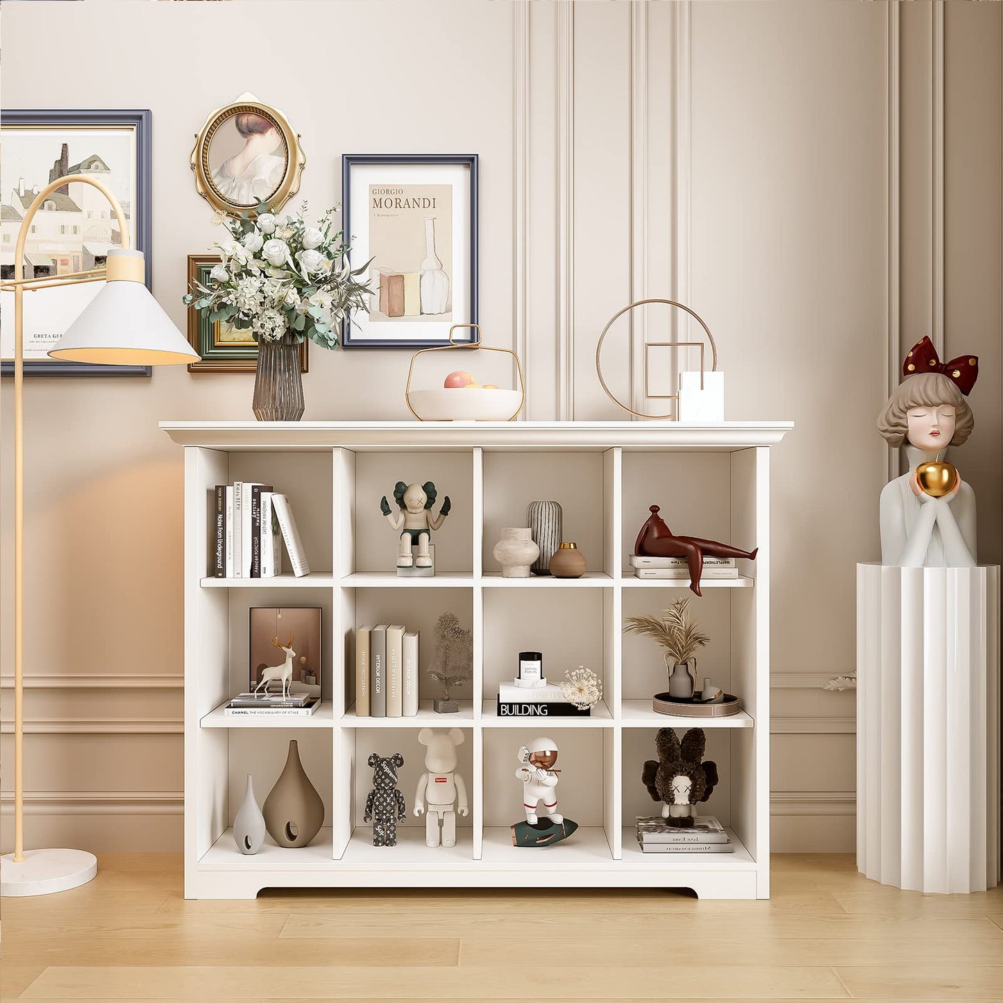 OSCHF Wooden Cube Bookcase with Base - Modern 3 Tiers Floor Standing Open Shelf Cabinet for Home and Office, 12-Cube Lattice Bookshelf, Warm White