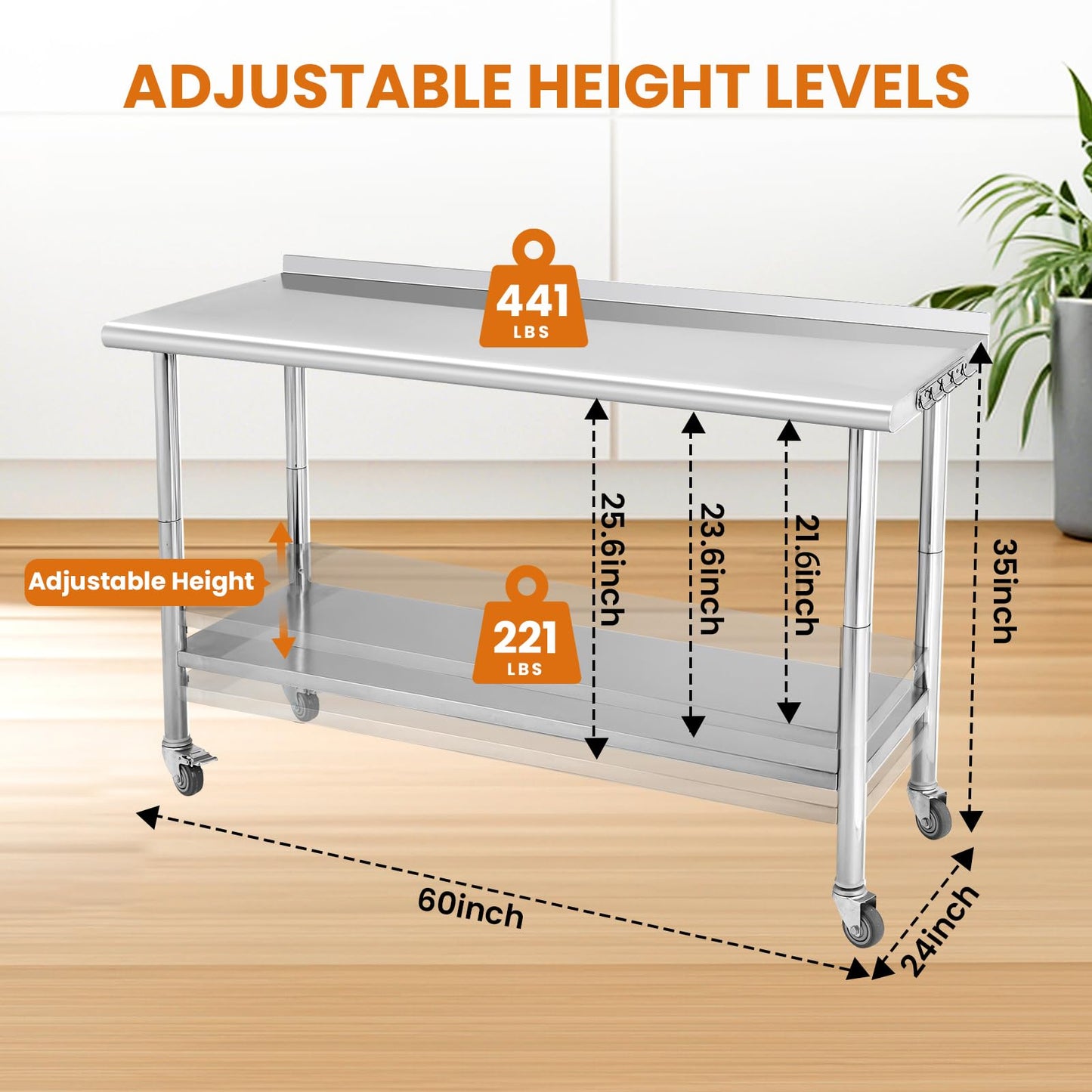 NSF Stainless Steel Table for Prep & Work, 60 x 24 Inches with Caster Wheels, NSF Commercial Heavy Duty Table with Undershelf and Hooks for Restaurant, Home and Hotel