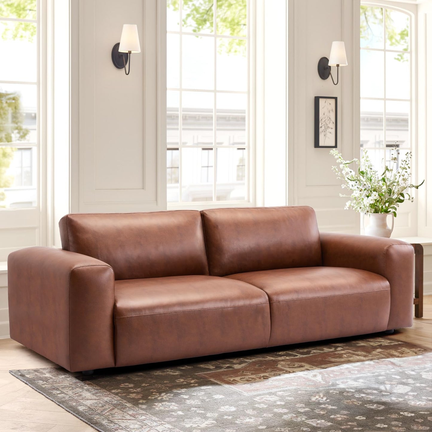 COLAMY PU Leather Sofa Couch, 95" Oversized Sofa Loveseat for Living Room, Comfy Love Seat Couch with Extra Deep Seats, Wide Arm, Down Filled 3-Seater Modern Sofa for Apartment/Lounge/Bedroom-Auburn