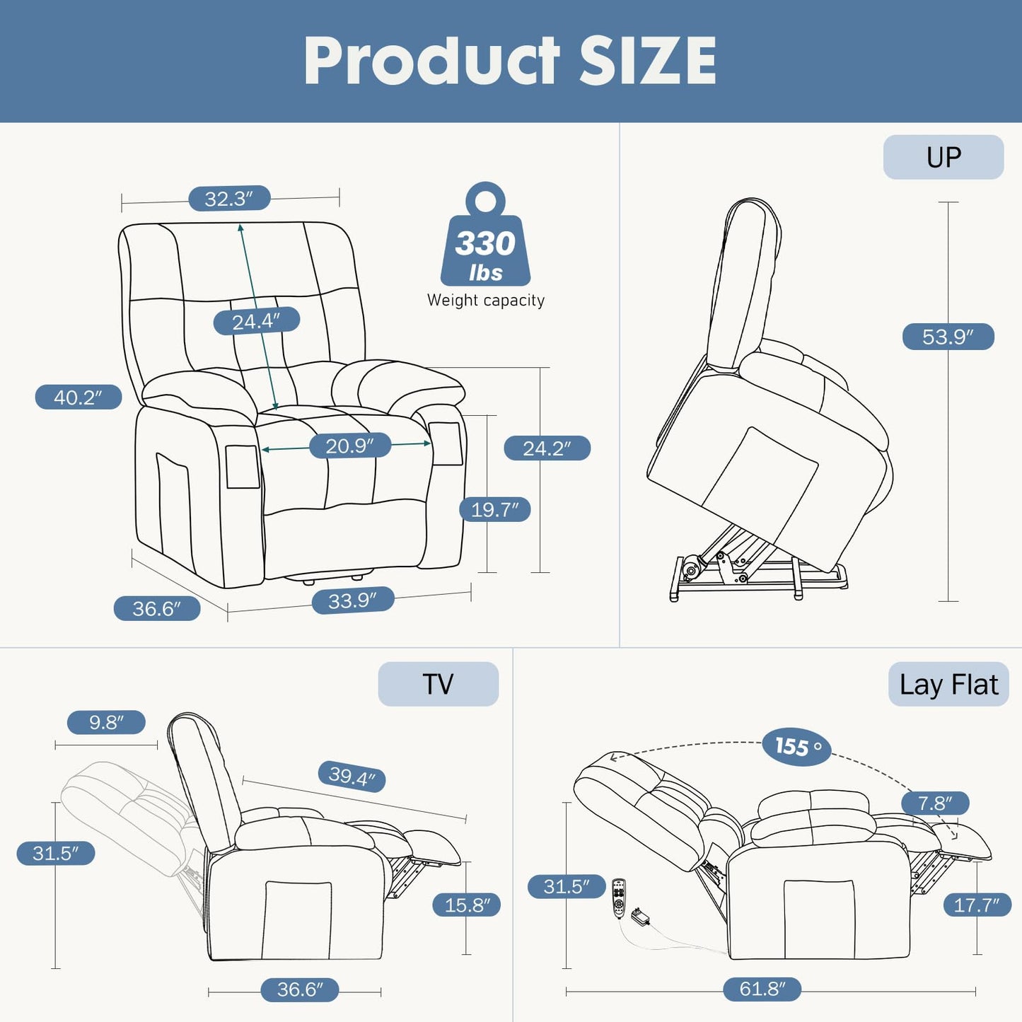 DUMOS Power Lift Recliner Chair with Vibration Massage and Heat for Elderly, Ergonomic Overstuffed Breathable Fabric Reclining Chair with 3 Pockets, Remote Control, Living Room, Bedroom, Brown