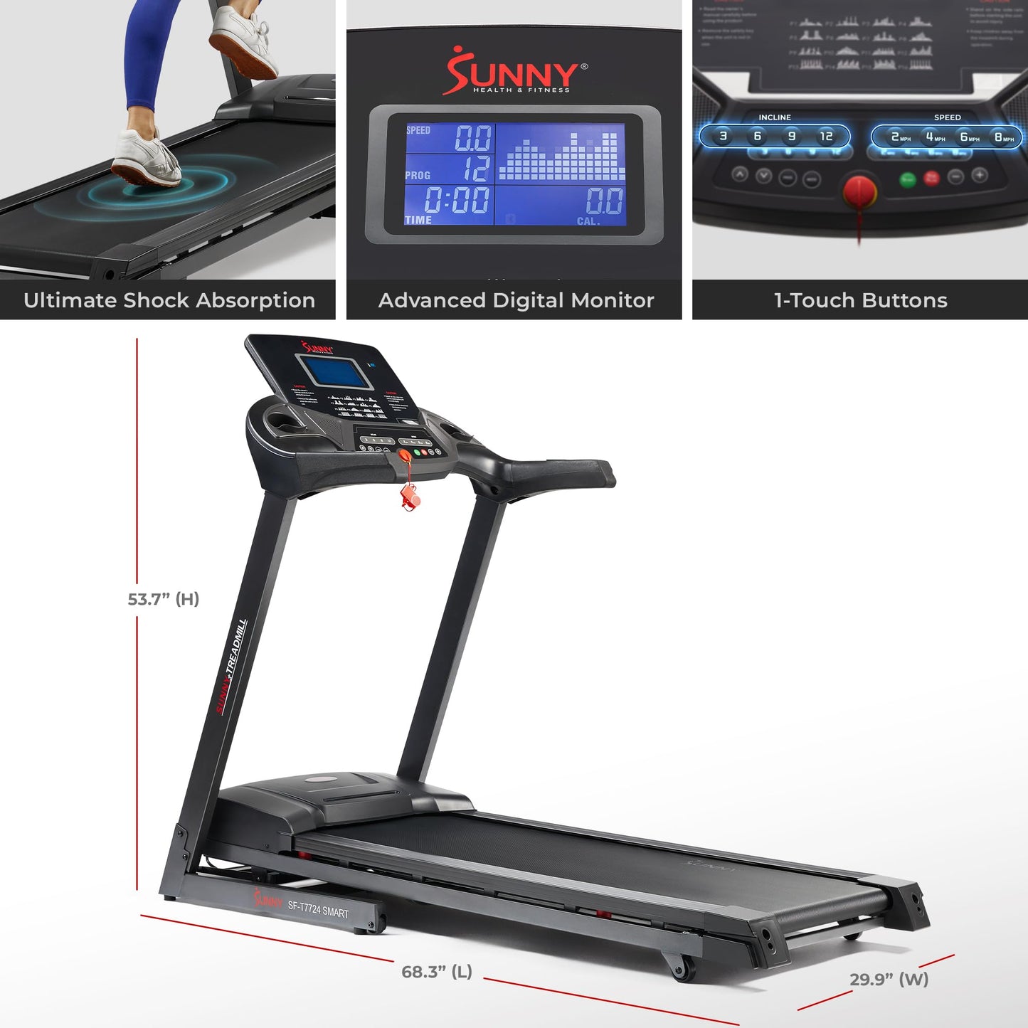 Sunny Health & Fitness Energy Flex Motorized Auto Incline Smart Treadmill, Shocks, Wide Running Belt, Digital Display, Pulse Sensors, and SunnyFit App Enhanced Bluetooth Connectivity - SF-T7724SMART