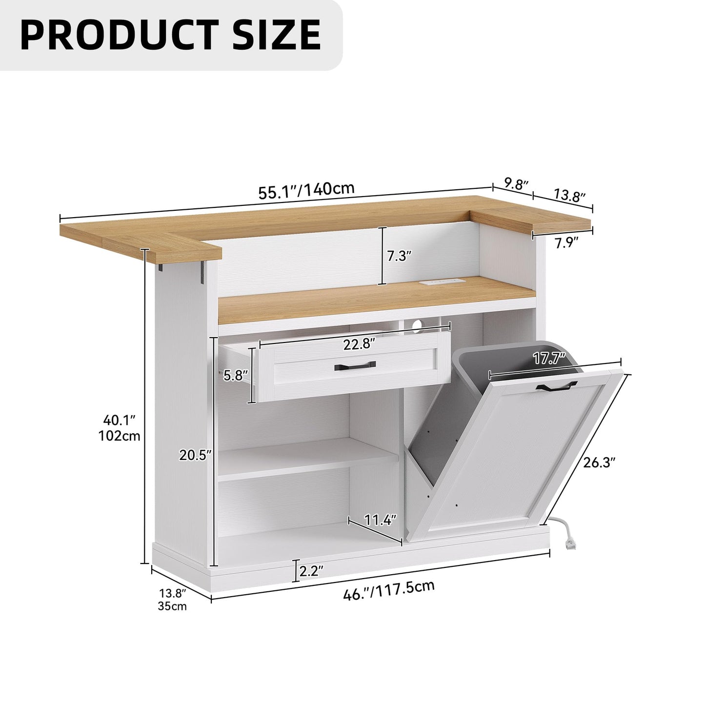 Homiflex Kitchen Island with Storage, Rolling Kitchen Islands with Storage, 55" W Large Island Table, Breakfast Bar Counter with Drop Leaf, Trash Can Cabinet, Power Outlet for Dining Room, White