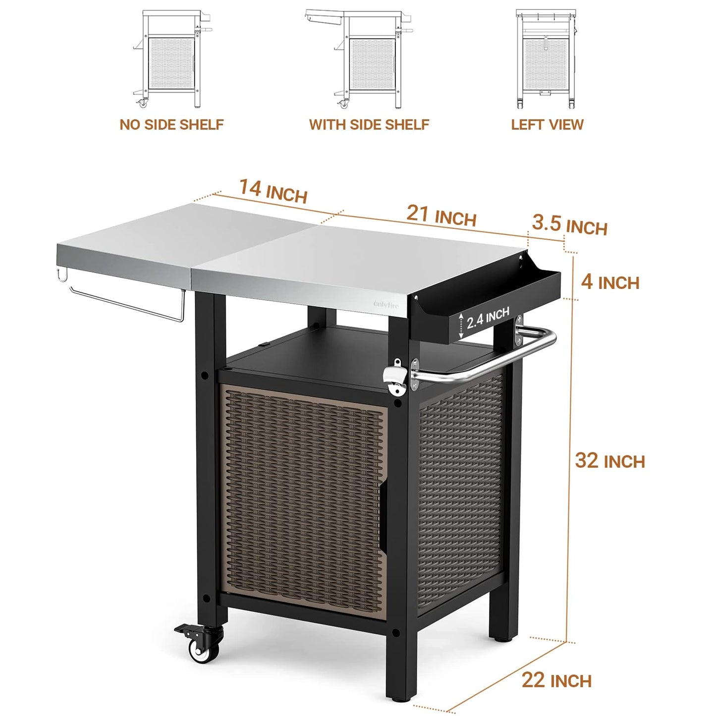 onlyfire 35 Inch Rolling Kitchen Island with XL Stainless Steel Top & Rattan Cabinet, Heavy-Duty BBQ Serving Cart for Indoor/Outdoor, Single Door Storage Worktable with Side Shelf & Wheels