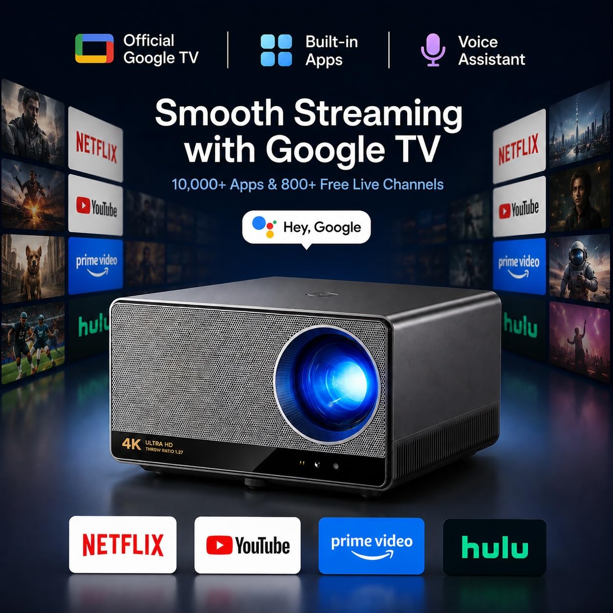 Ecosky Native 4K UHD Projector with Google TV, 3000 ANSI Lumens 4K Smart Projector with WiFi and Bluetooth, AI Auto Focus & Keystone, Dual Hi-Fi Speakers for Home Theater, Outdoor Movies, Gaming