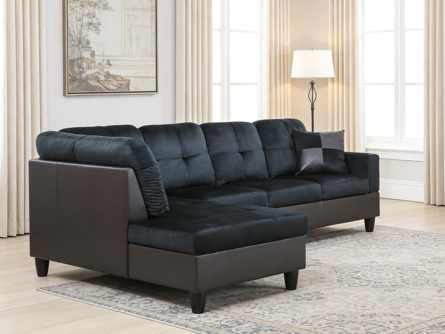Trygoal 103.5 Inch Modern L-Shaped Couch, Flannel Sectional Sofa with Chaise Lounge, 4-Seater Couch with Accent Pillows for Living Room, Apartment, Dark Blue & Brown