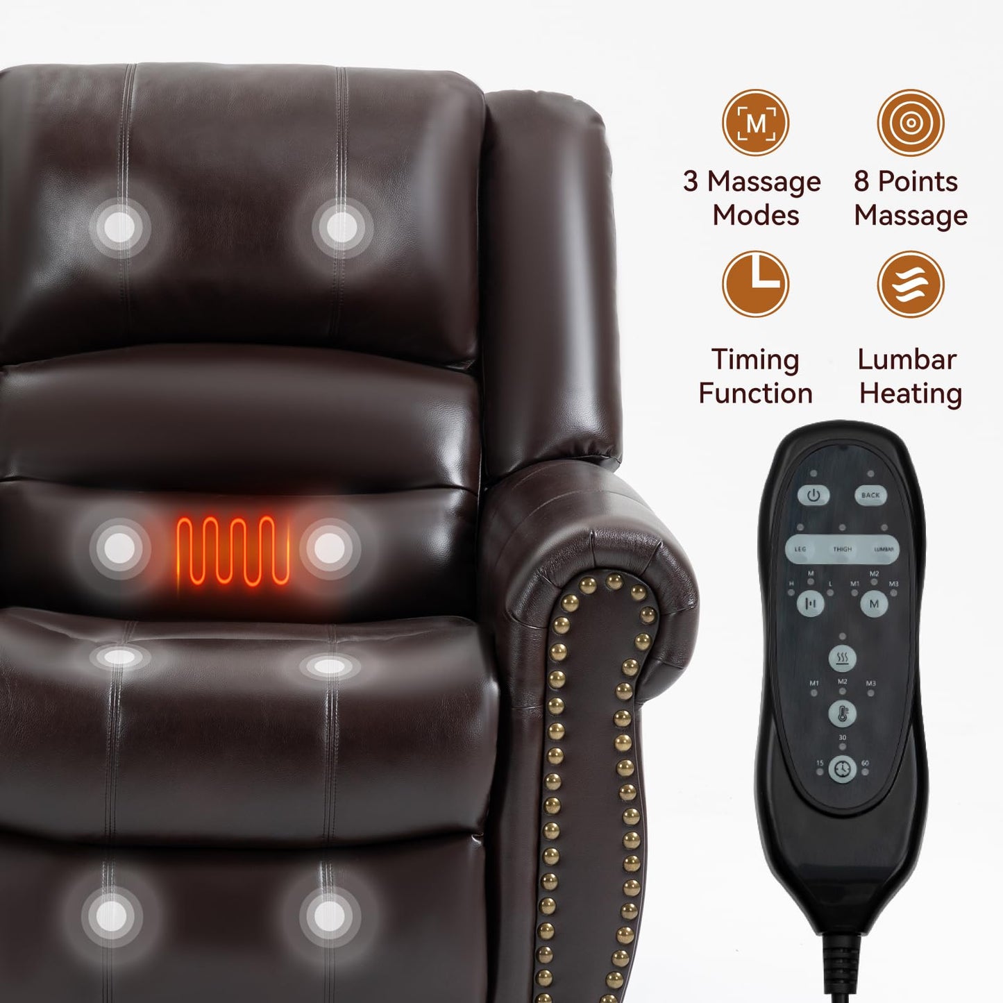 KEIKI Oversized Power Lift Recliner Rocking Chair for Adults, Faux Leather Mid Century Modern Accent Chair with Back Message & Heat USB Port, Adjustable Home Theater Seating for Living, Antique Brown