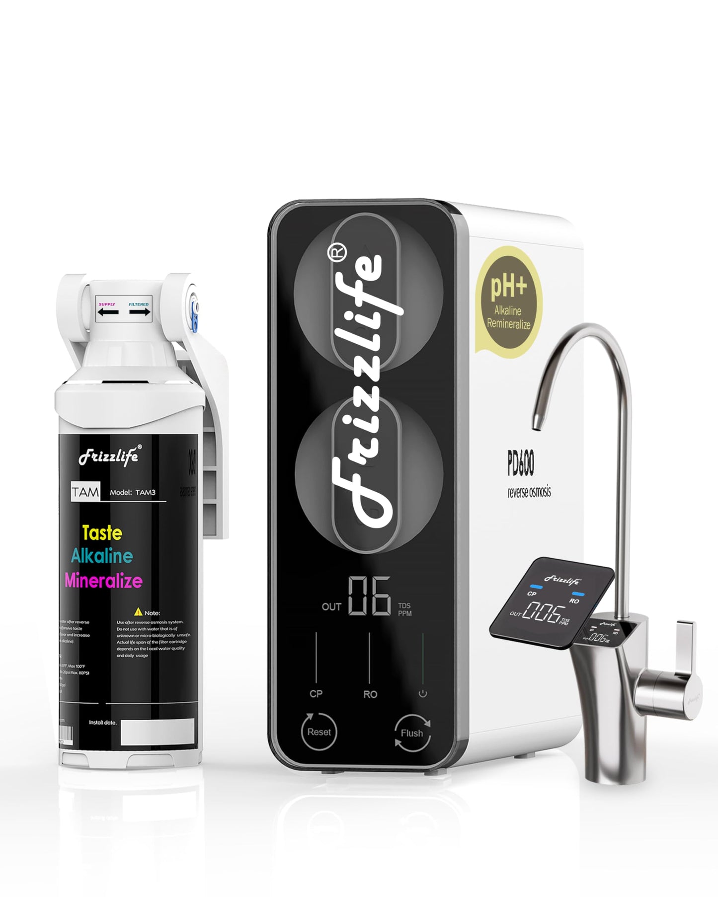 Frizzlife Reverse Osmosis Water Filter - Alkaline Mineral pH+, NSF/ASNI 58&53&42&372 Standard, 600GPD Tankless RO Reverse Osmosis System, Under Sink, 2:1 Pure to Drain, Smart LED Faucet, PD600-N