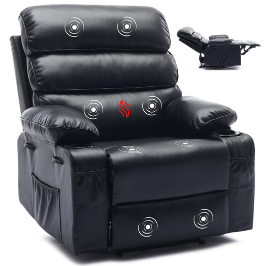 Garvee PU Leather Manual Recliner Chair with Massage and Heat, 27" Extra Wide Seat, 400 lbs Capacity, Thickened Sponge Armrests and Back, Cup Holders & Side Pocket, Living Room or Bedroom, Black