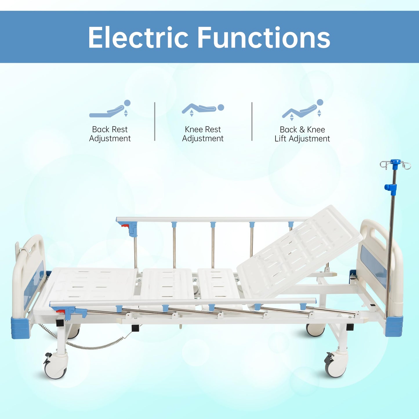 Real Relax Premium 2 Function Full Electric Hospital Bed, ICU Electric Medical Bed with 4 inch Foam Mattress & IV Pole, Dining Table Board and 5 inch Locking Casters, 530LBS Loading.