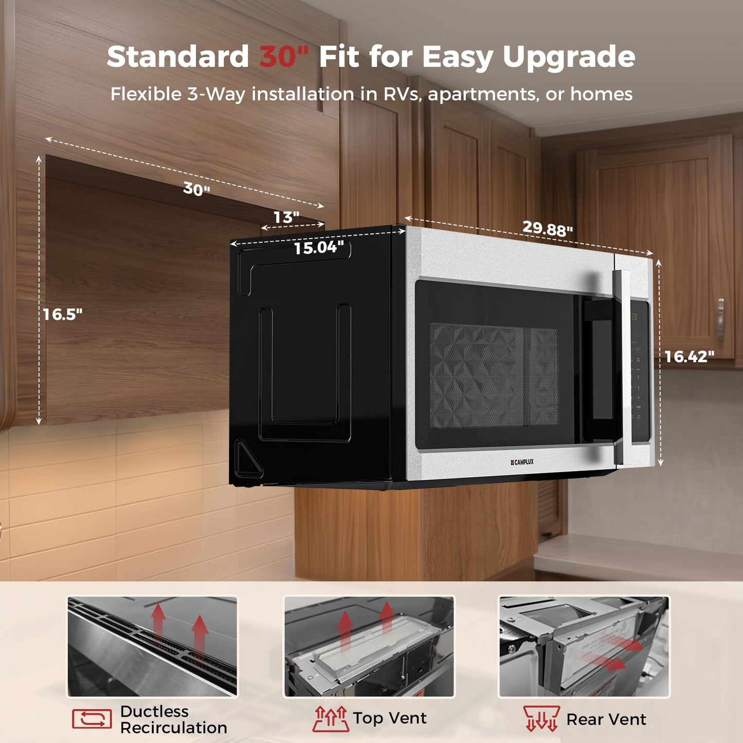 CAMPLUX 30" Convection Over-the-Range Microwave Oven, 1.5 Cu. Ft. Stainless Steel OTR Microwave with 300 CFM Venting, Bake & Roast Like a Real Oven, Low Noise Design