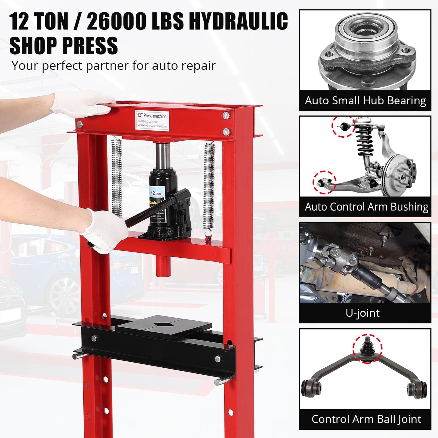 12T Hydraulic Press, Heavy Duty H-Frame Garage Floor Hydraulic Shop Press with 2 Press Plates, Adjustable Working Table Height, for Auto Repair, Red