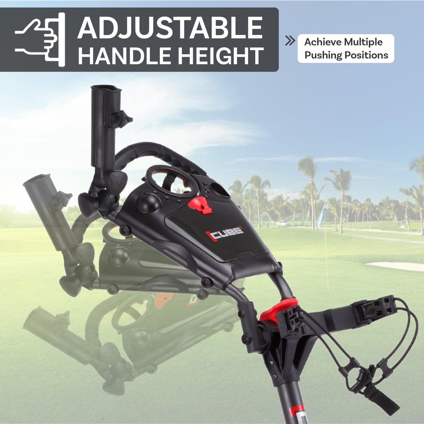 CUBE CART 3-Wheel Golf Push Cart – Ultra-Compact 14.5 lb Folding Golf Trolley, Two-Step Fold, Adjustable Handle, Foot Brake, Umbrella Holder & Built-in Storage - Charcoal/Black