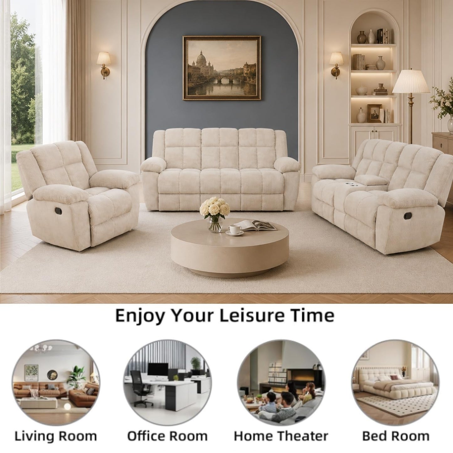 Trygoal Modern Recliner Sofa Set of 3, Stripe Fabric Upholstered Living Room Set with Cup Holders & Storage, Ergonomic Reclining Couch with Coffee Table, Cozy Home Theater Seating, Off-White