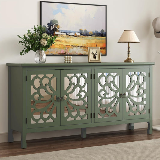 RoyalCraft 63'' Buffet Cabinet with Mirror Butterfly Carved Door, Sideboard Cabinet with Adjustable Shelves, Vintage Accent Credenza Media Console for Entryway, Kitchen, Forest Green