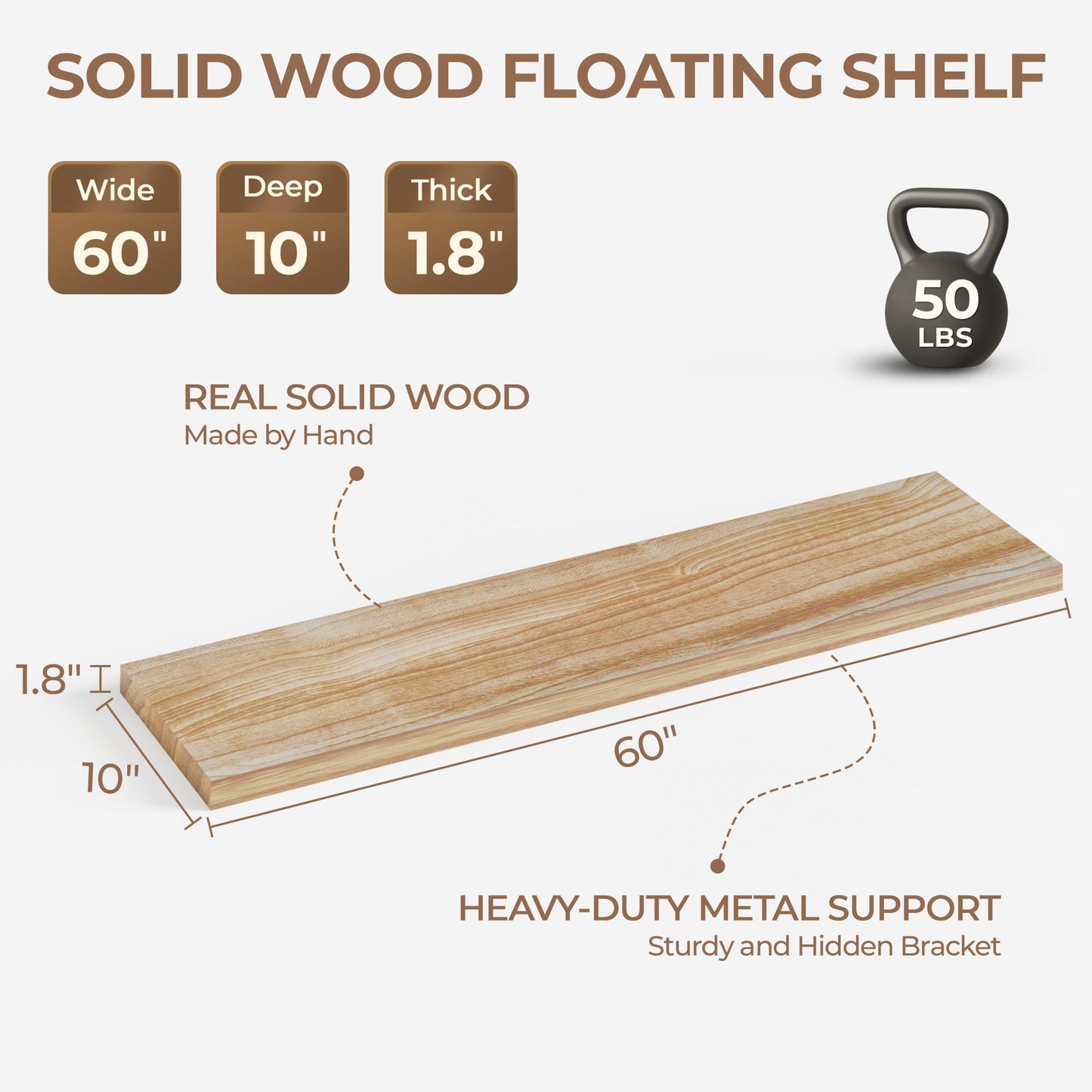 ONOTETUT 60 Inch Long Floating Shelves for Wall Set of 2, Solid Wood Brown Floating Shelves 10in Depth, 5ft Large Wall Shelf Floating Bookshelf for Kitchen Living Room Laundry Room
