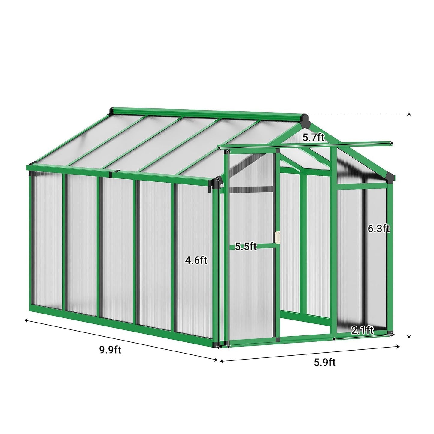 6x10 FT Greenhouse, Outdoor Sliding Door, Polycarbonate Greenhouse with Aluminum Frame, Lockable Door and Ajustable Roof Vent for Backyard, Outside Garden Backyard, Patio, Green