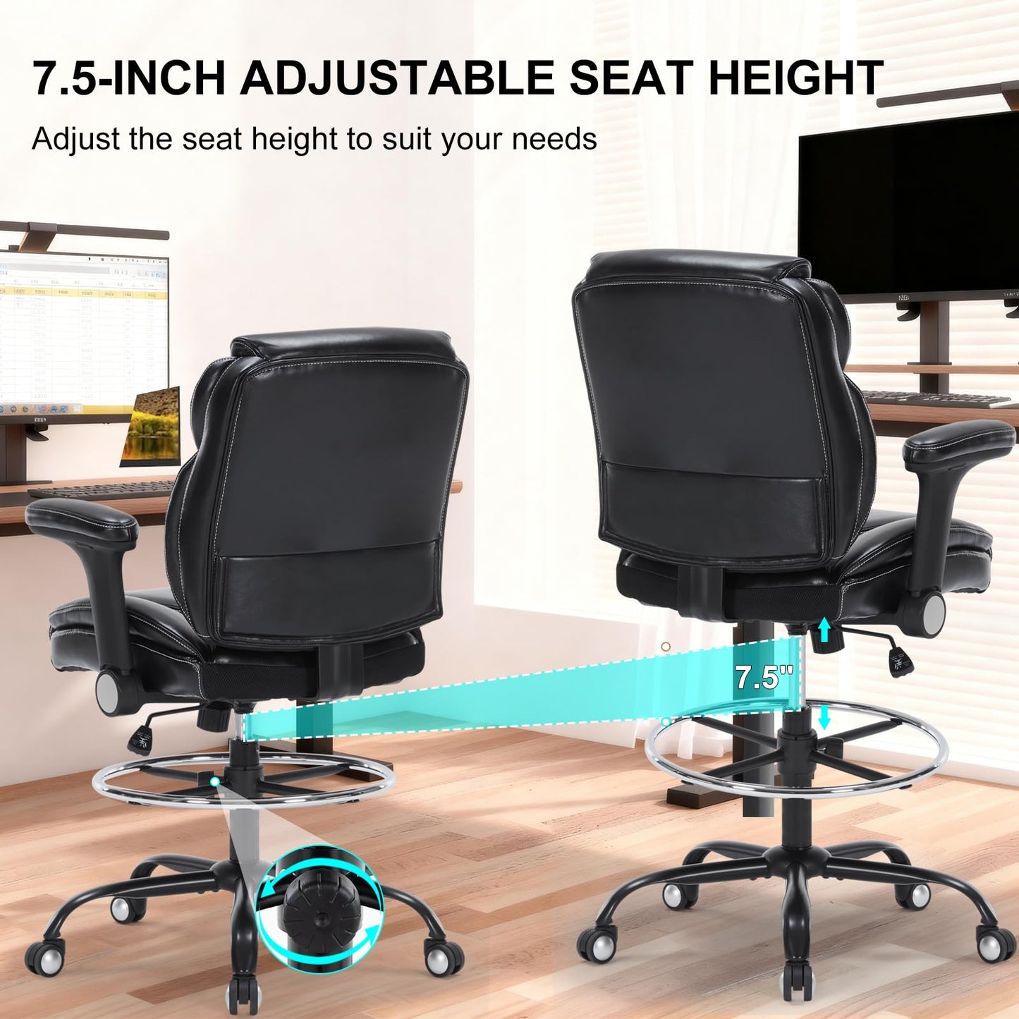 Drafting Chair, Tall Office Chair with Adjustable Armrests Mid-Back Standing Desk Chair with Footrest Ring, PU Leather High Executive Desk Chair Counter Height Office Chair for Home and Office, Black