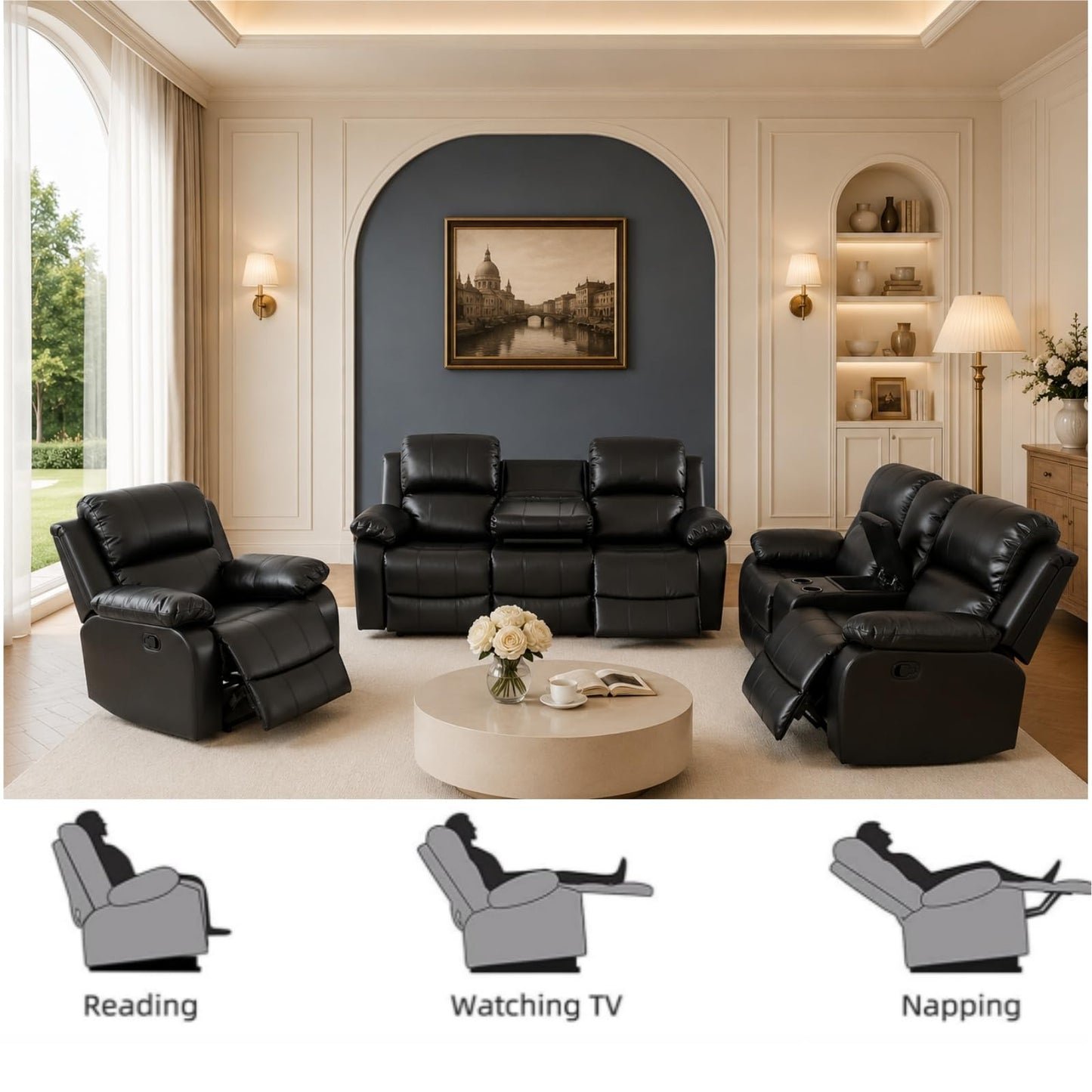 Trygoal Modern Recliner Sofa Set of 3, Semi PU And PVC Living Room Set with 120° Deep Recline & Sleeping Position, Cozy Motion Couch with Loveseat Storage & Cup Holders, Retro Vintage Furniture, Black