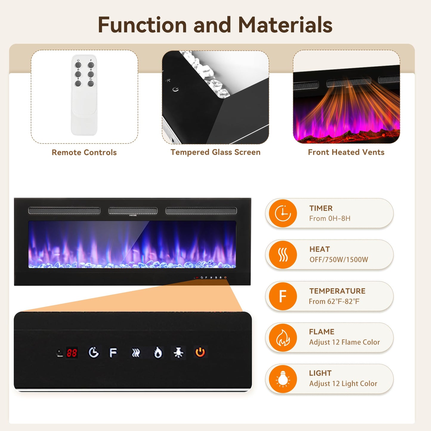 OneBlis 80" Fireplace TV Stand, Modern 50" Smart Fireplace Fire Place TV Console, Adjustable Entertainment Center with 12-Color LED Lights, for Living Room, Black
