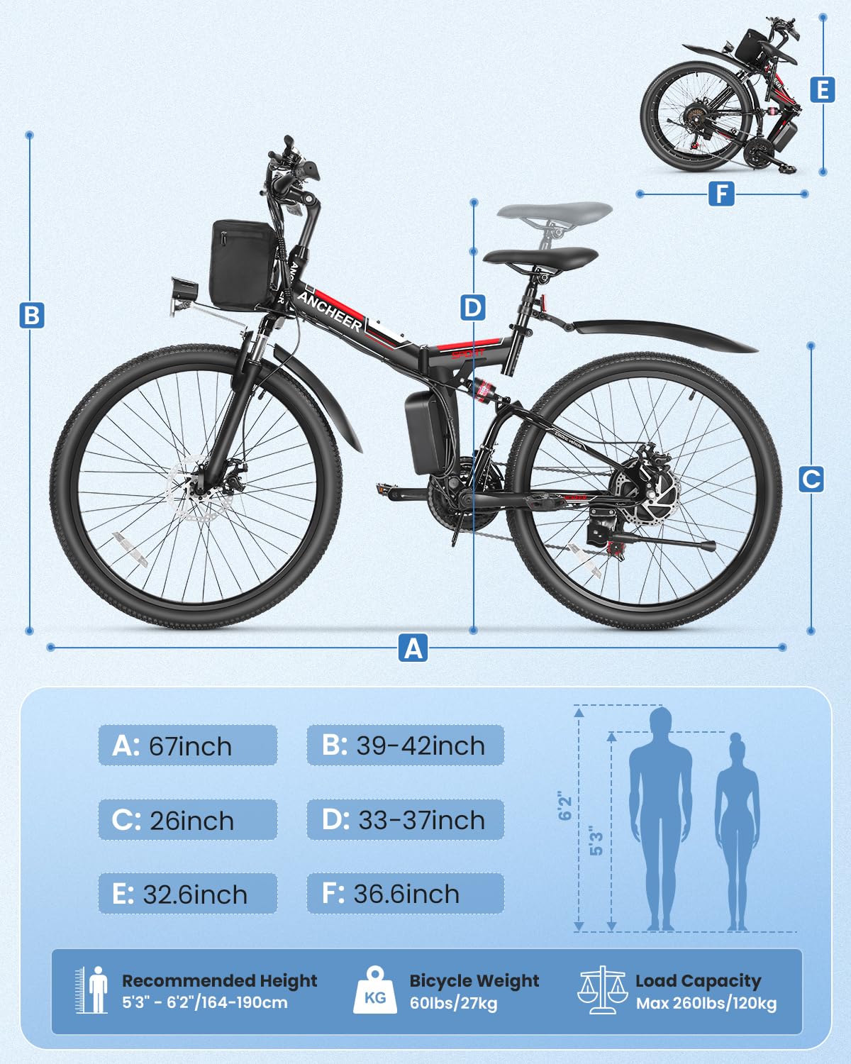 ANCHEER Electric Bike for Adults, Peak 749W Ebike, 26" Folding Electric Mountain Bike with Dual Shock Absorber, 48V Removable Battery Up to 50Miles, 19.8MPH Electric Bicycle, 21Speed, UL2849 Compliant