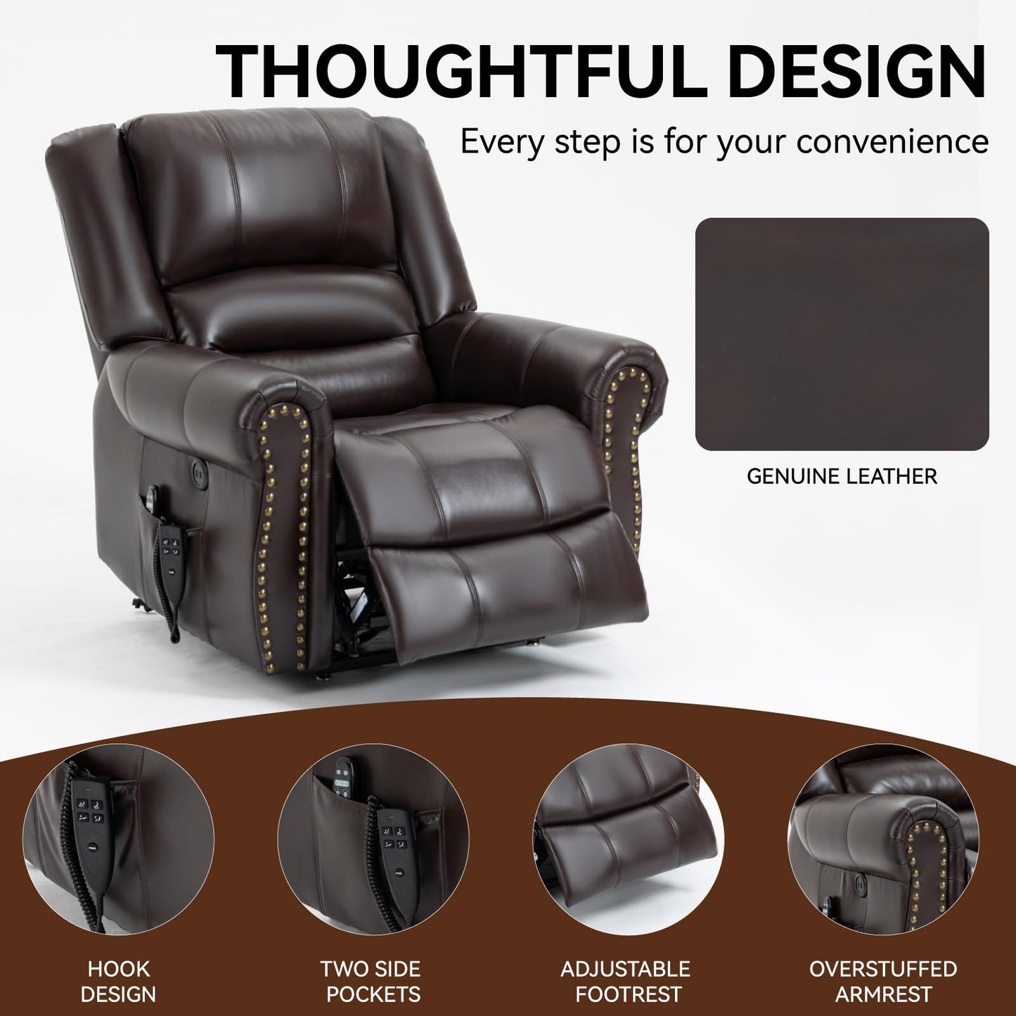 KEIKI Oversized Power Lift Recliner Rocking Chair for Adults, Faux Leather Mid Century Modern Accent Chair with Back Message & Heat USB Port, Adjustable Home Theater Seating for Living, Antique Brown