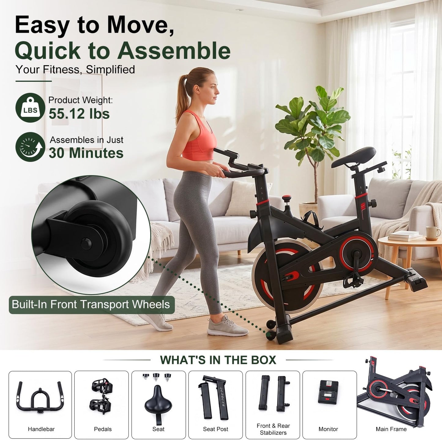 Exercise Bike with APP, Stationary Bike for Home, Workout Bike for Adults & Seniors, Indoor Cycling Bike with Adjustable Resistance, Low Noise, Easy Assembly, 265LB Weight Capacity, Black&Red