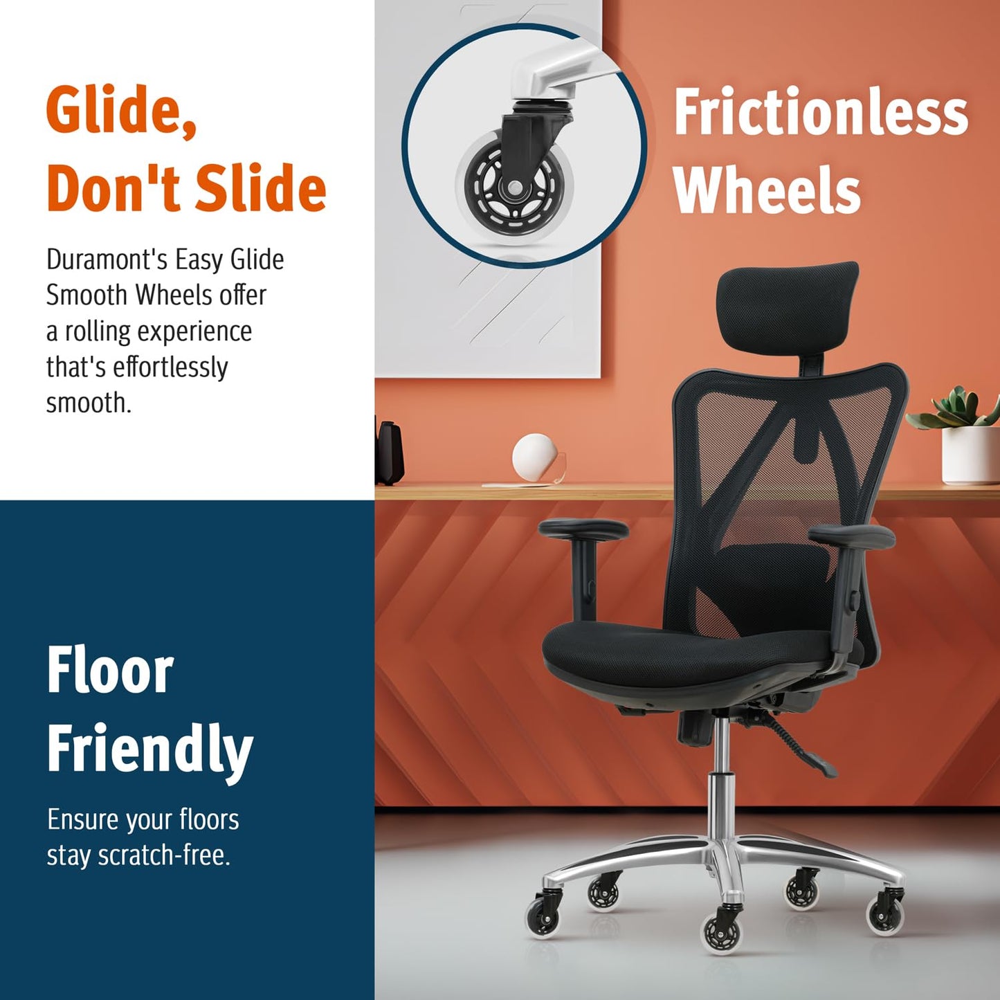 Duramont Ergonomic Office Chair | Adjustable Desk Chair with Lumbar Support and Rollerblade Wheels | High Back Chair with Breathable Mesh | Thick Seat Cushion