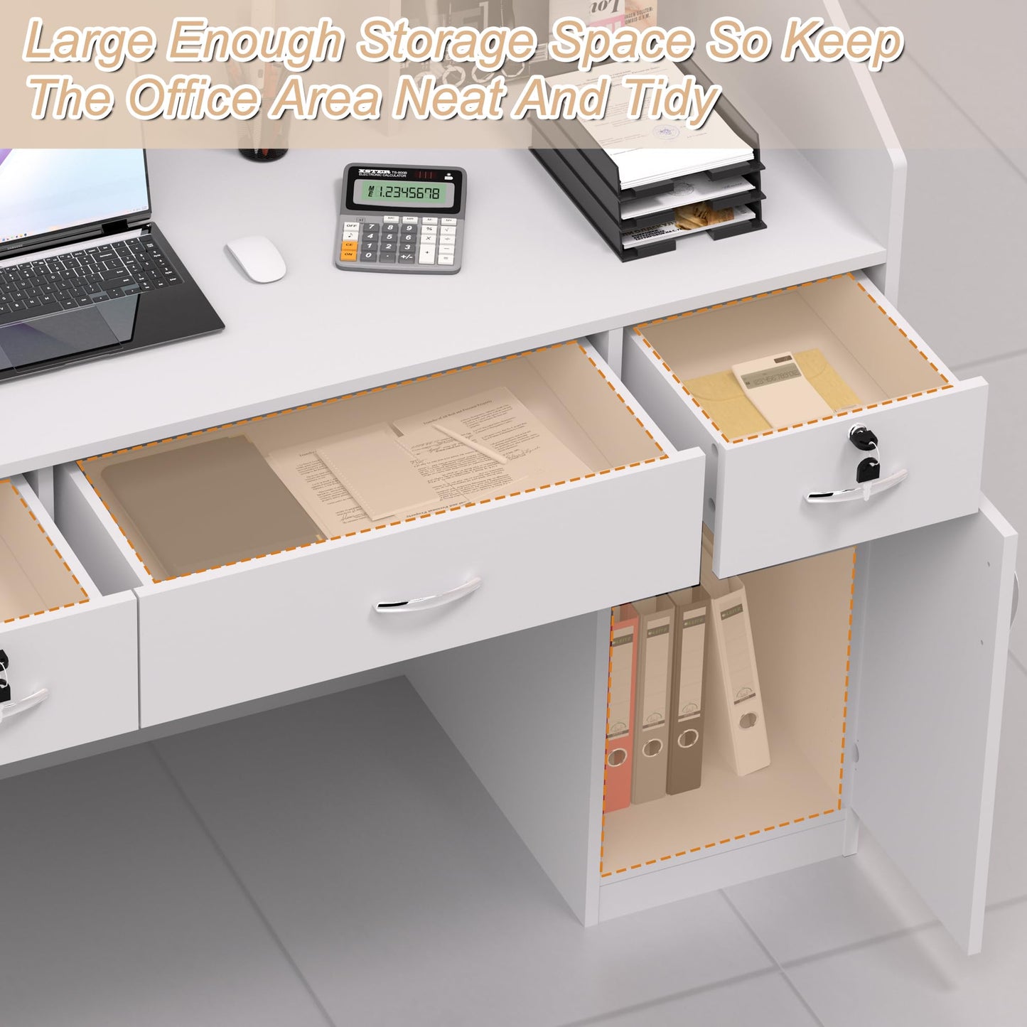 AHB Reception Desk with Counter, Modern Front Table Equipped Lockers & Storage Shelves, 48-inch Checkout Counter with DIY Stripe for Lobbies, Salons, Retail, Home Offices, Reception Room