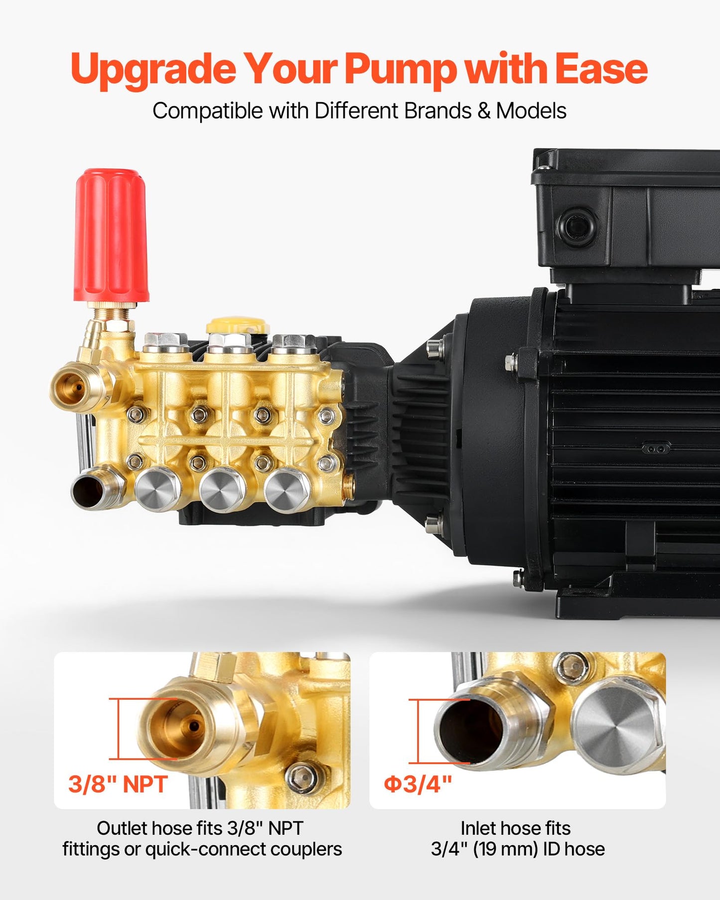 VEVOR Electric Pressure Washer Pump Kit, 1220 PSI, 2.2 GPM, Triplex Power Washer Pump with 2 HP Motor 120 V, Adjustable Water Pressure, for Washing Cars, Gardens, Exterior Walls, Machinery Equipment
