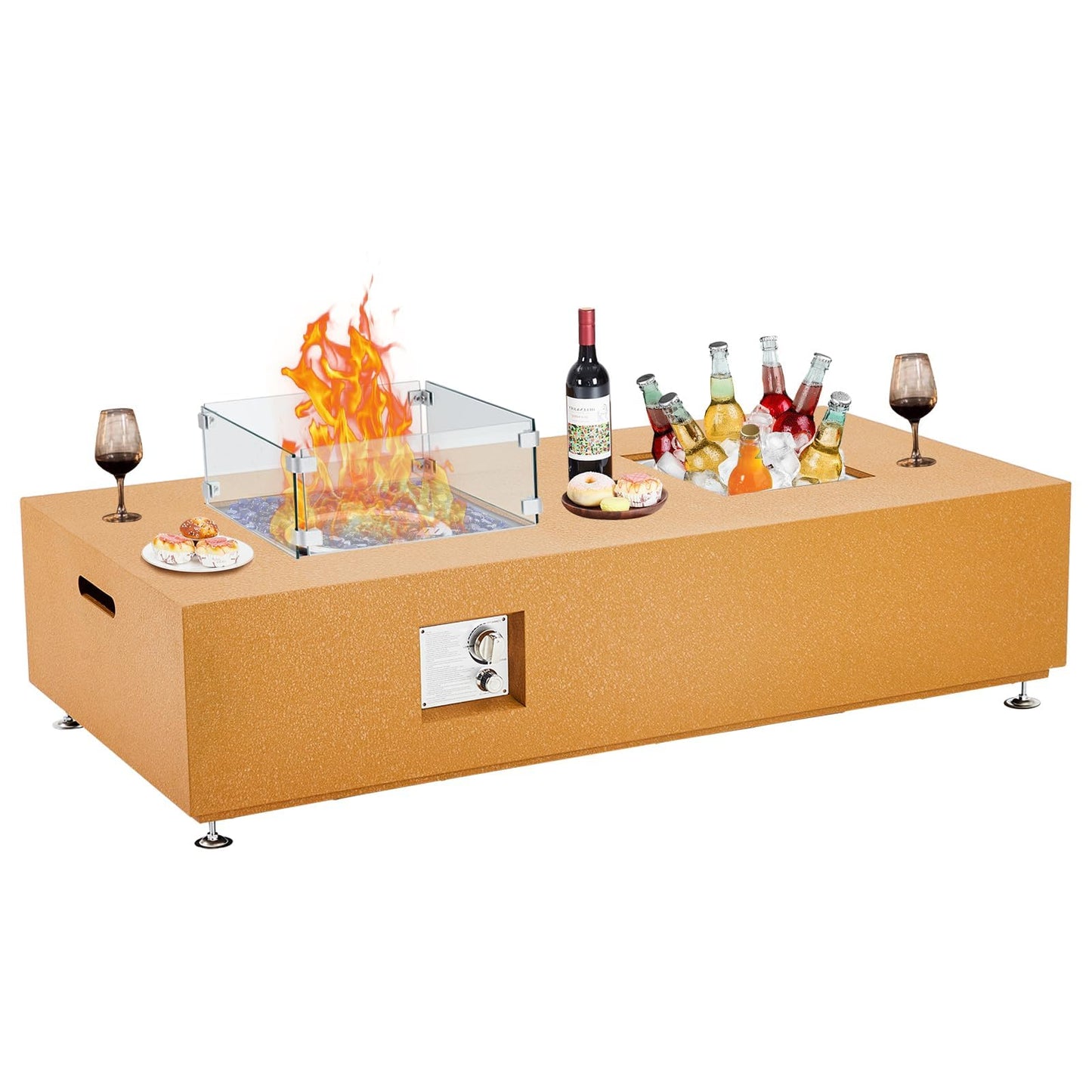 56" Propane Fire Pit Table with Ice Bucket, 50,000 BTU Dual-Use Outdoor Heater Set w/Wind Guard & Fire Glass for Patio, Backyard, Home, Parties