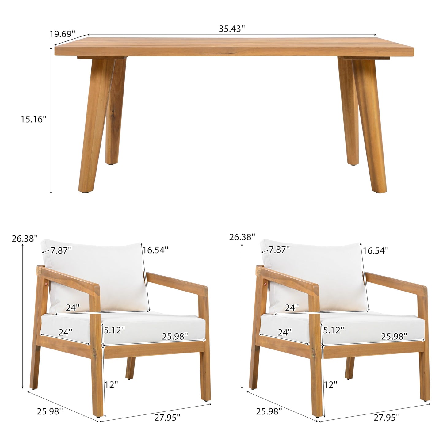 Christopher Knight Home Sures Acacia Wood Club Chair and Coffee Table Set, 3 Piece Patio Bistro Set, Solid Wood Outdoor Patio Furniture Set with Center Table, Natural+Beige