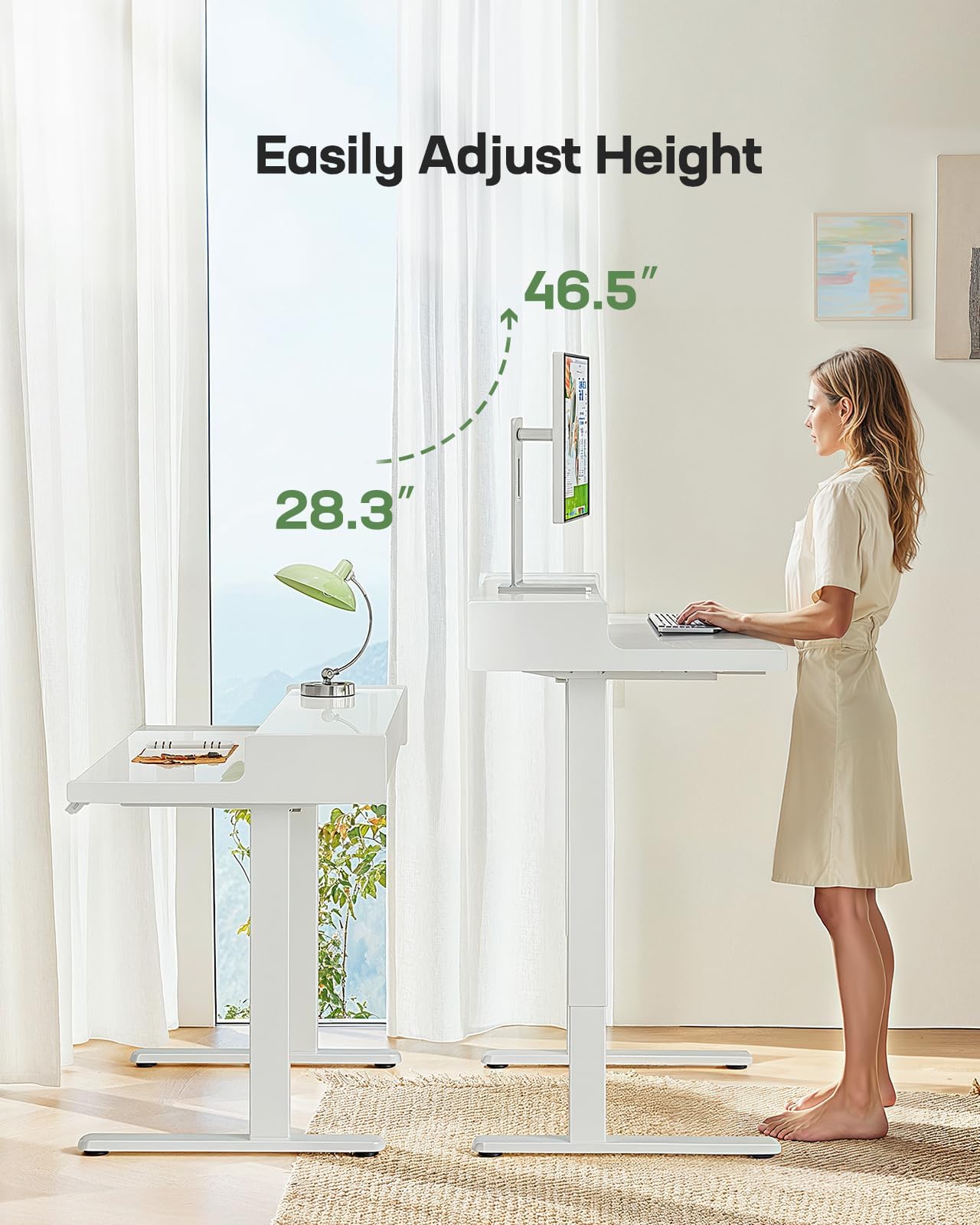 Marsail 48x24 inch Glass Standing Desk with Drawers, Computer Desk with Monitor Stand, Home Office Adjustable Table with Drawers, 4 Preset Heights, Stand up Table for Home, Office, White