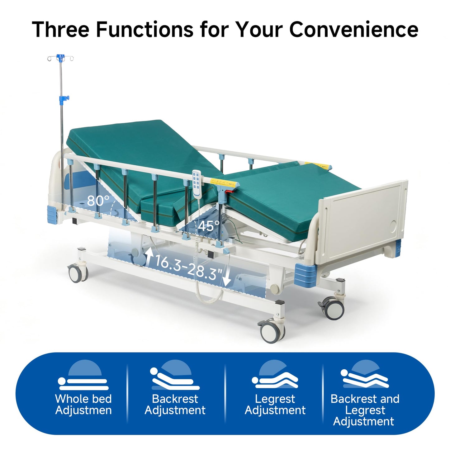 Real Relax Premium 3 Function Full Electric Hospital Bed (with Mattress & IV Pole), Premium Medical Hospital Beds, with Locking Casters, Motor, 530LBS Loading, Includes Sheets (2X)