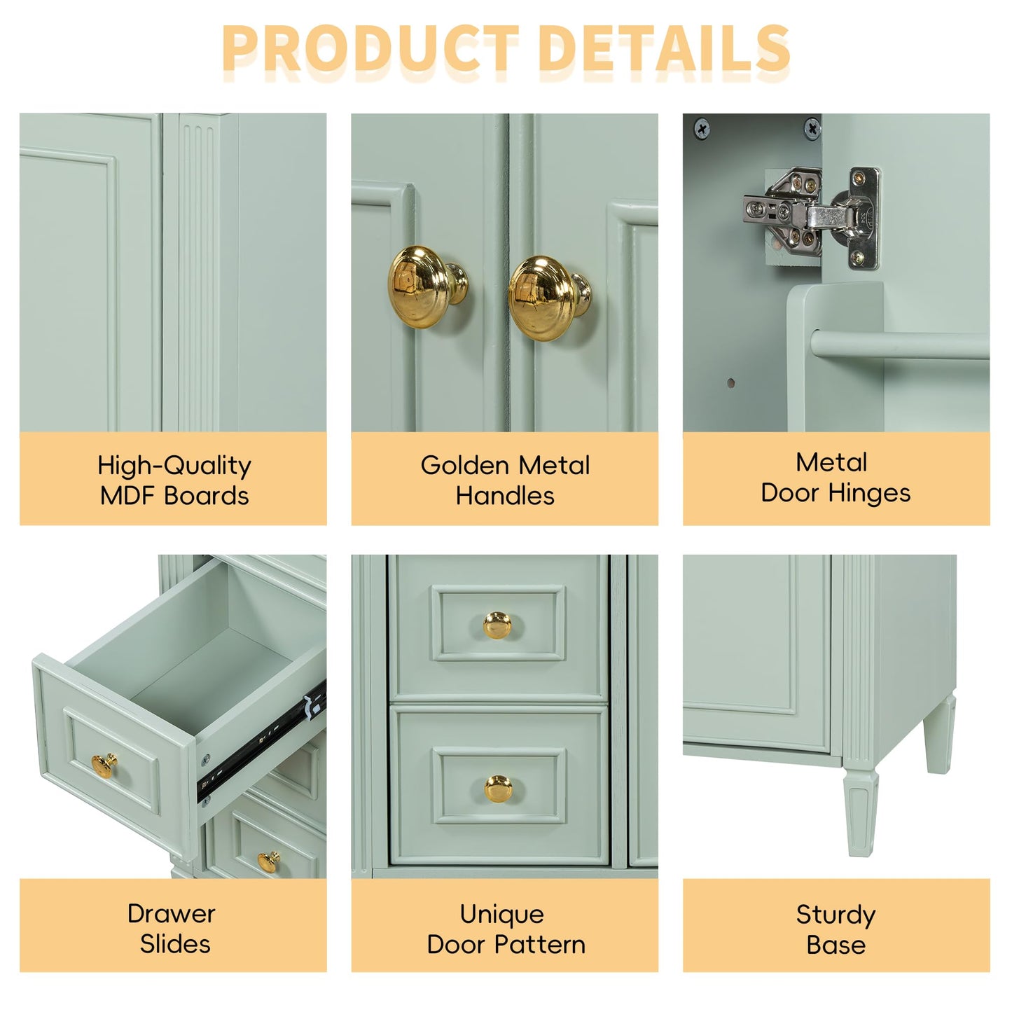 36" Bathroom Vanity Cabinet with Ceramic Countertop Sink Combo Set, Solid Wood Frame, Tilt-Out Drawers and Left Side Drawers, Soft Closing Door Hinges, Modern Style, Green
