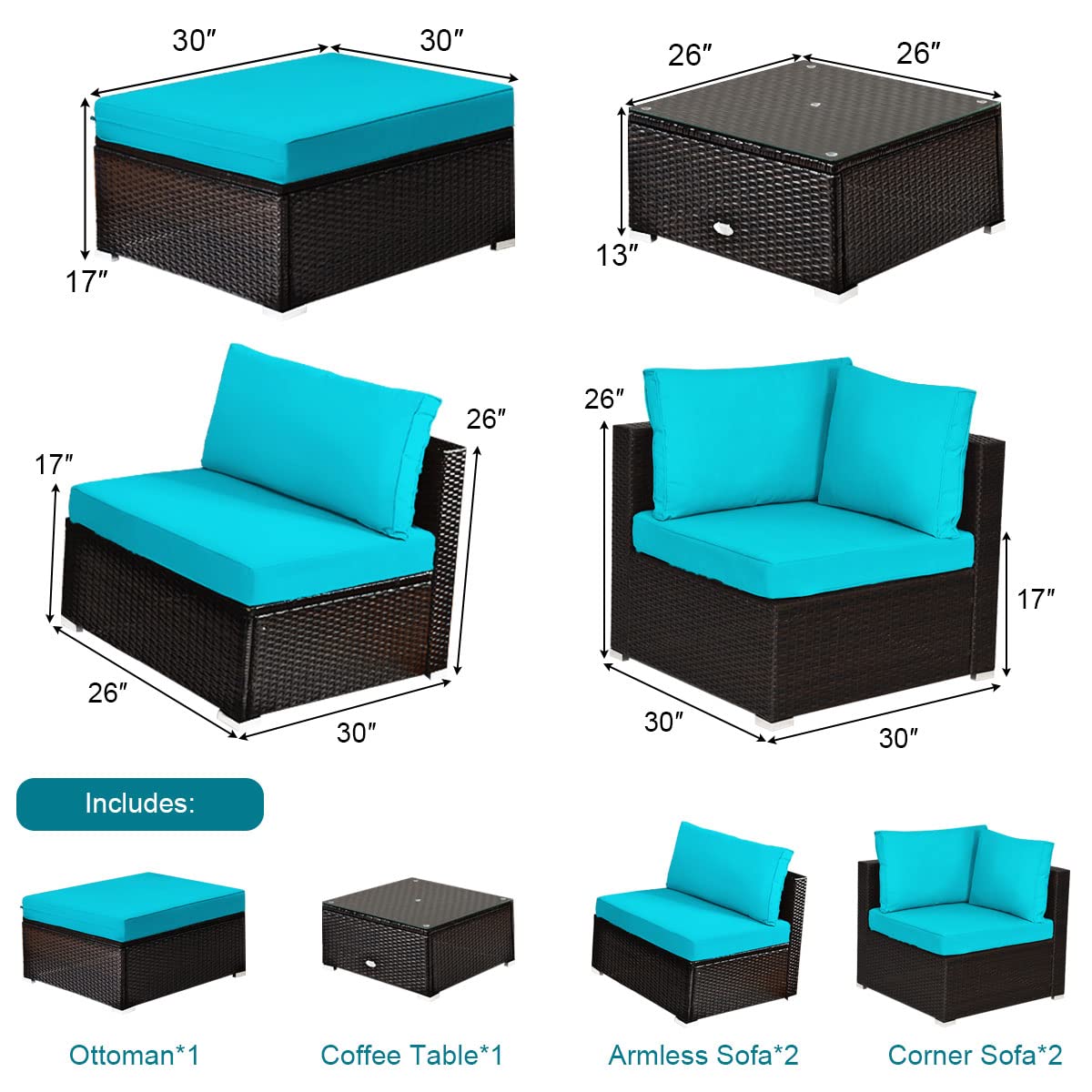 COSTWAY 6-Piece Outdoor Patio Furniture Set, Rattan Sectional Sofa Set with Tempered Glass Coffee Table, Cushions and Ottoman for Garden, Deck, Backyard (Turquoise)