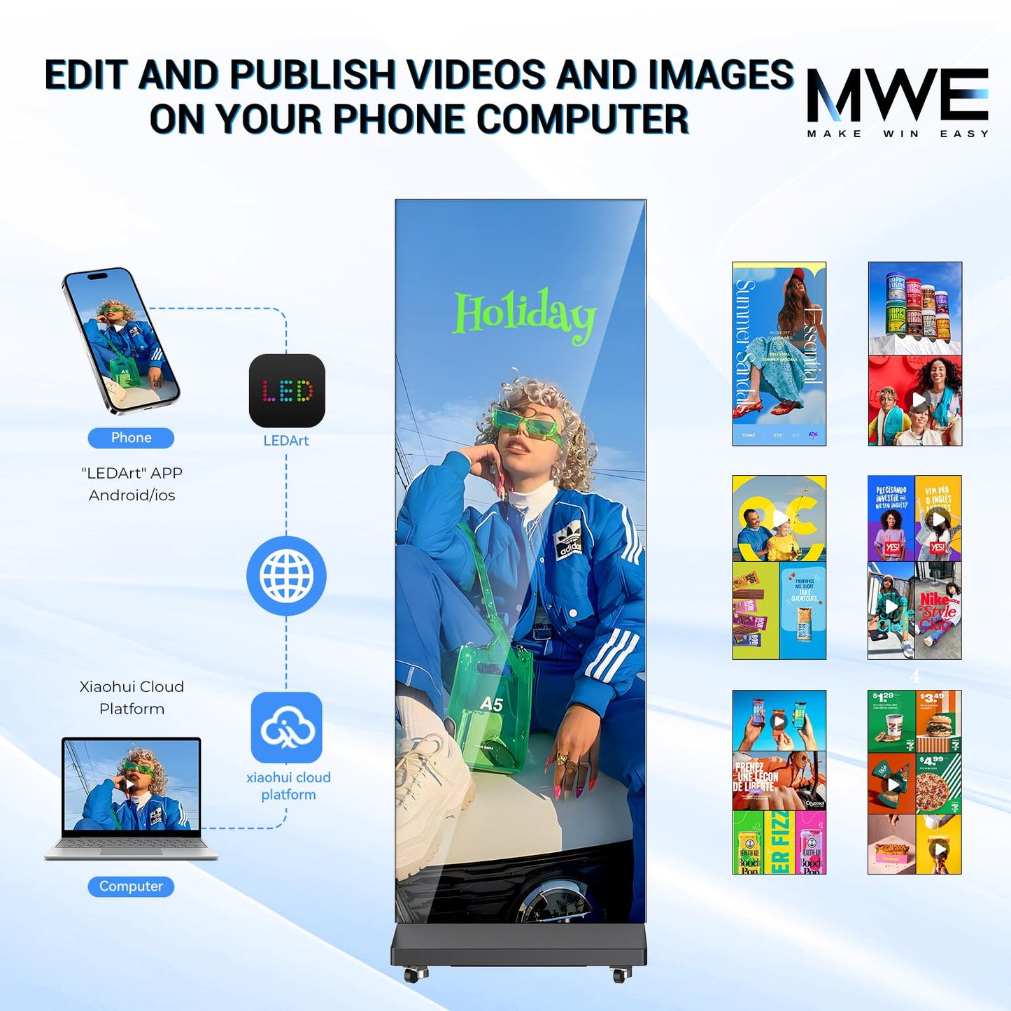 80 Inch LED Digital Signage Display, Foldable Seamless Stitching Kiosk, P1.86 GOB LED Screen Poster with Flight Case, Commercial Advertising Display for Events, Rentals and Weddings (Black, 1 Unit)