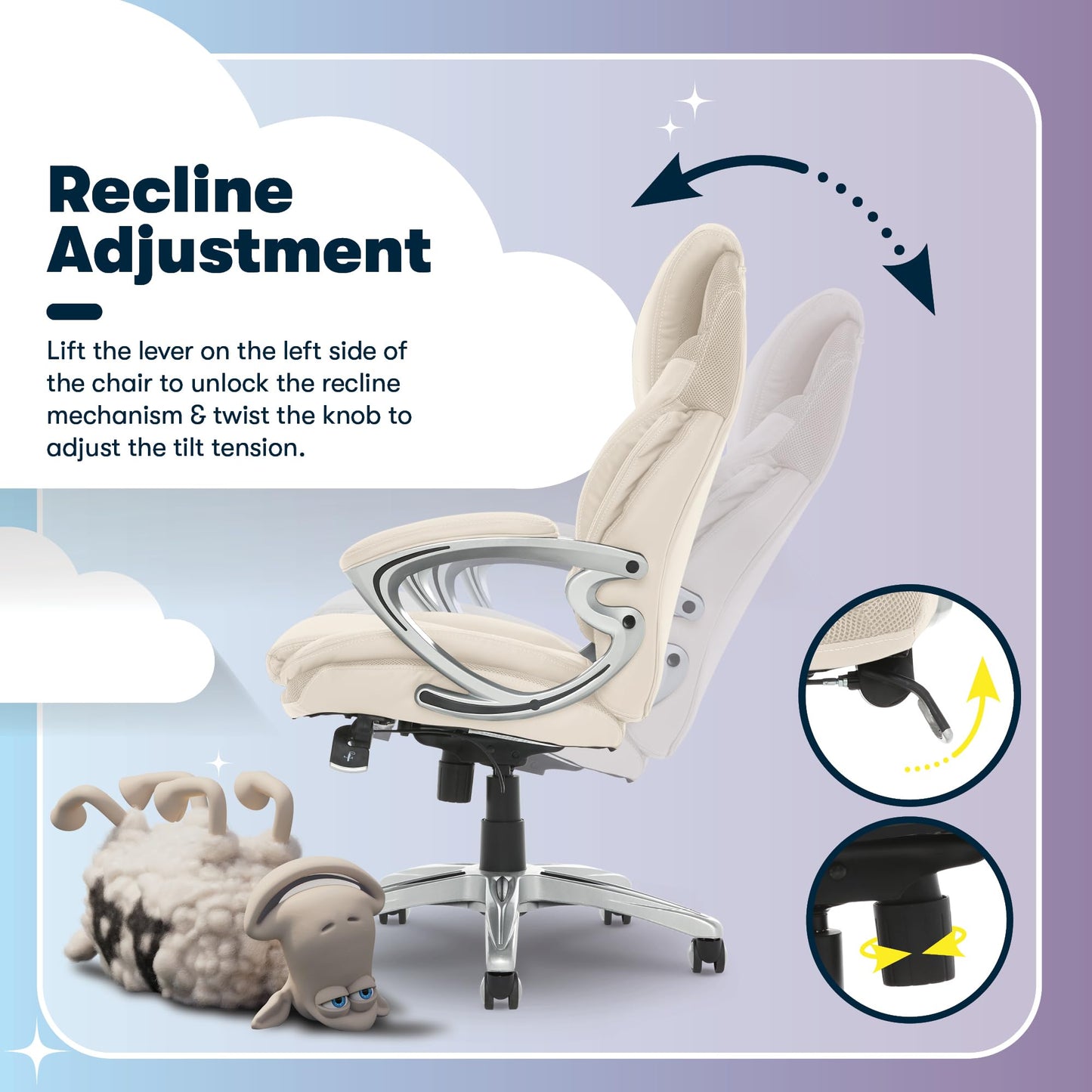 Serta Bryce Executive Office Chair - Ergonomic Computer DeskChair with Lumbar Technology - Adjustable Height - Memory Foam Body Pillows - 360° Swivel Rolling Base - Bonded Leather - Cream
