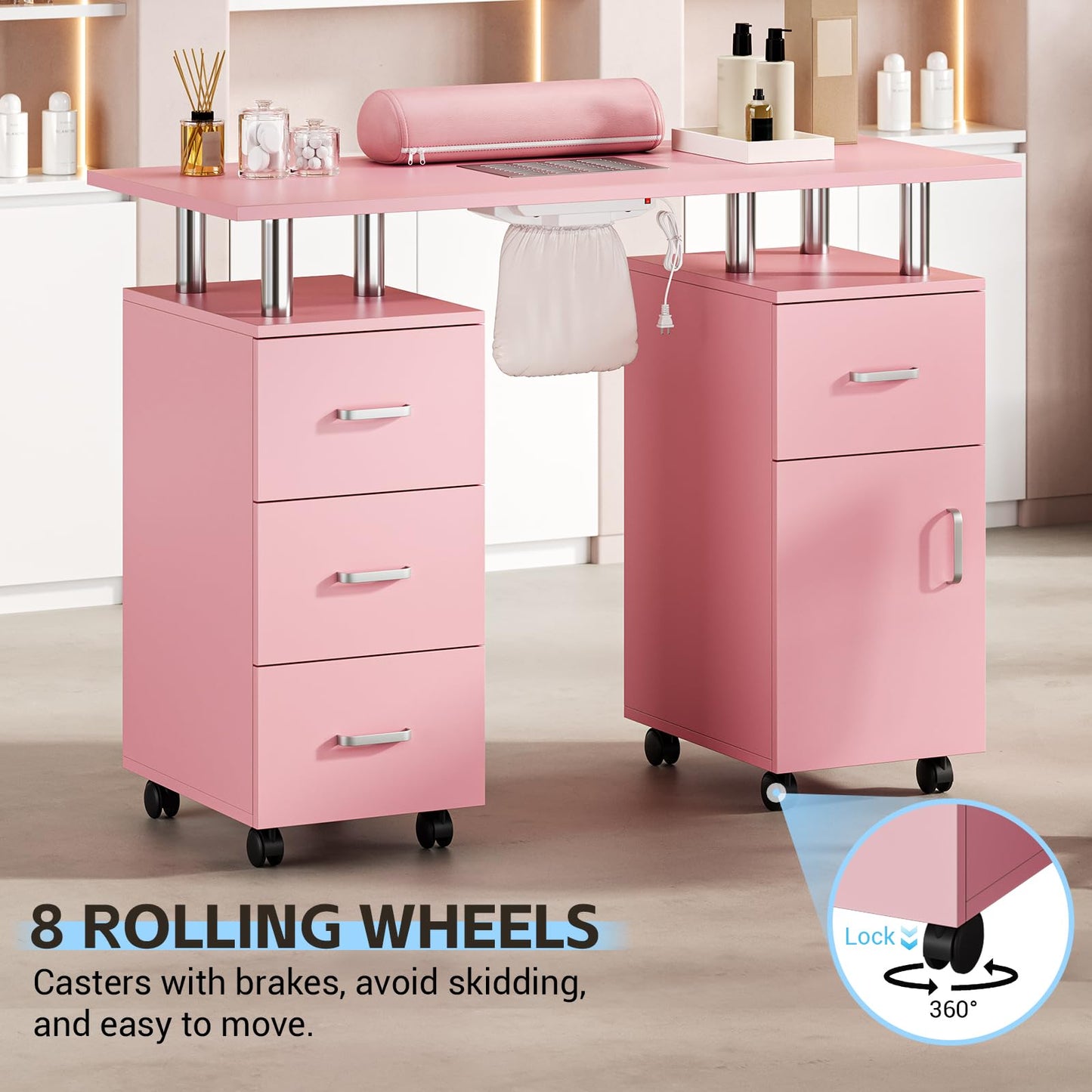 Manicure Table with Dust Collector, 42" Nail Desk for Nail Tech with Lockable Wheels, 4 Storage Drawers, Arm Rest, Acetone Resistant Top and Storage Cabinet Pink