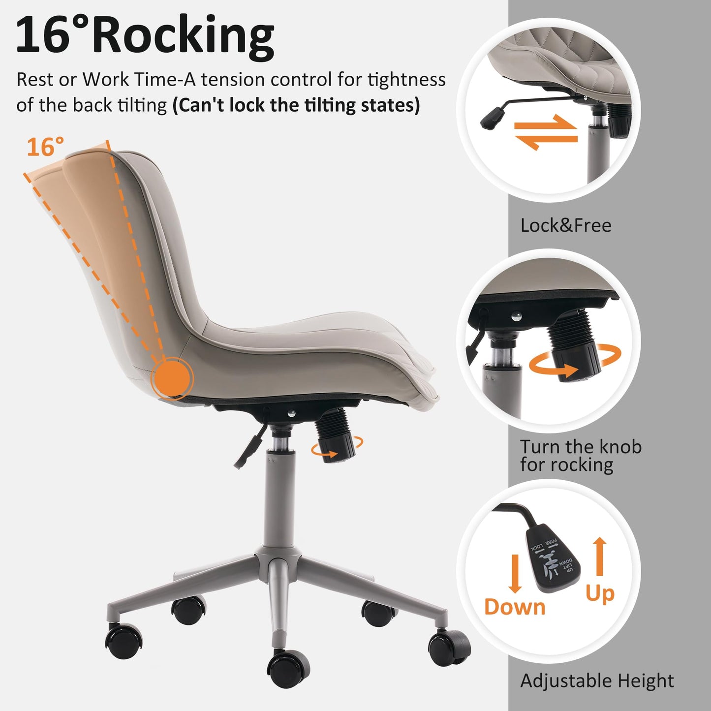 YOUTASTE Grey Armless Office Chair, Modern Adjustable Swivel Desk Chair with Wheels, Upholstered PU Leather, Gray Metal Legs, Back Support for Home Office, Study, Vanity, Bedroom