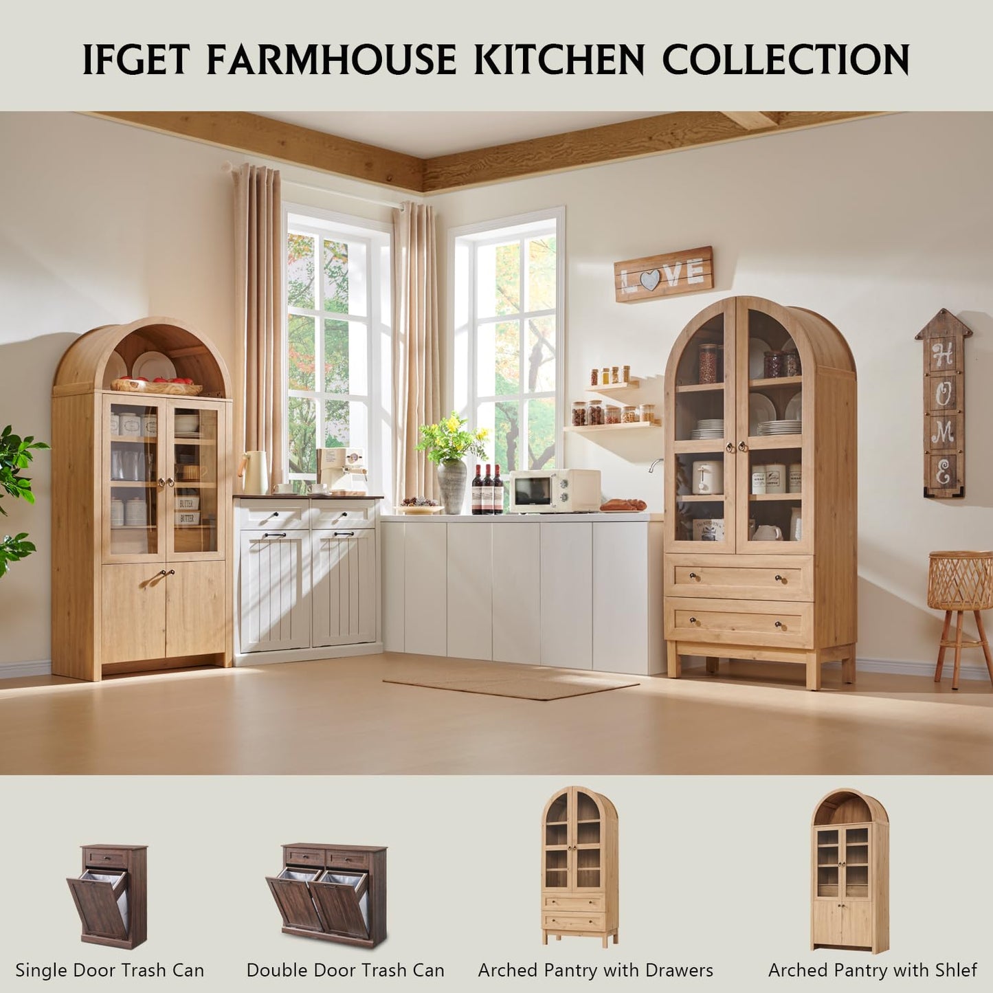 IFGET 71" Tall Arched Kitchen Pantry, Modern Farmhouse Wood Kitchens Storage Cabinets with 2 Large Drawers and Adjustable Shelves, Versatile Cupboard for Kitchen, Dining Room, Bathroom, Natrual