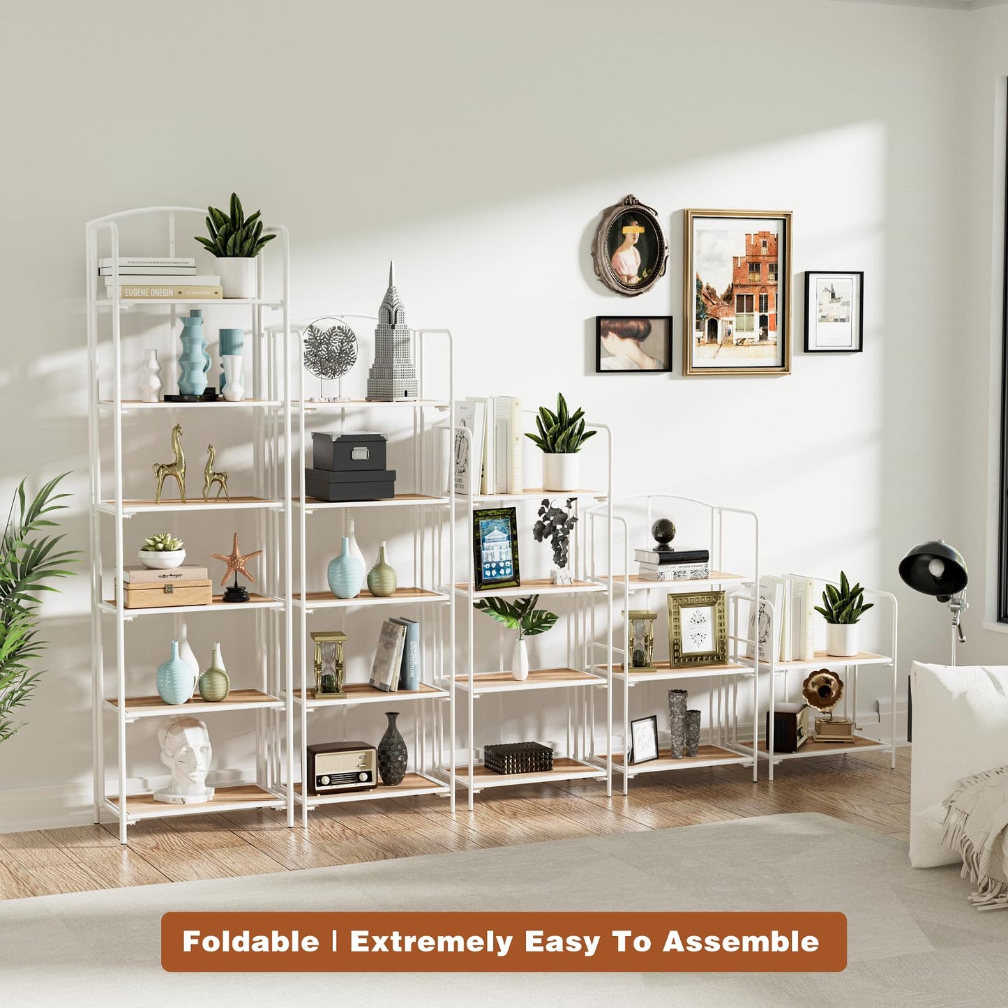 Crofy 5-Tier Foldable Bookshelf, White Frame & White Oak Shelves