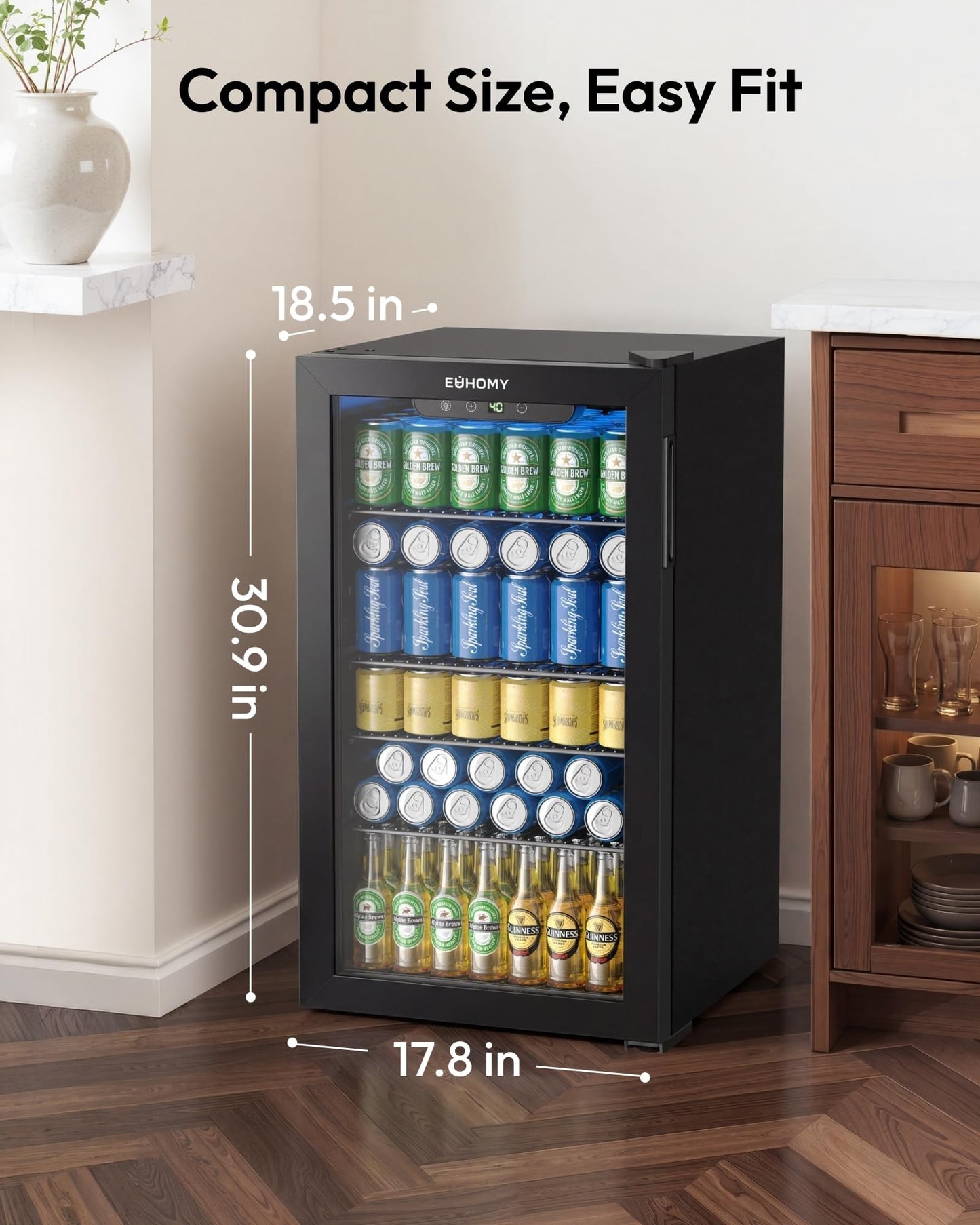 EUHOMY Mini Fridge 130 Can Beverage Refrigerator Cooler Glass Door for Soda Wine Beer, Beverage Cooler for Home, Bar, Office with Digital Temperature Control Removable Shelves, Black