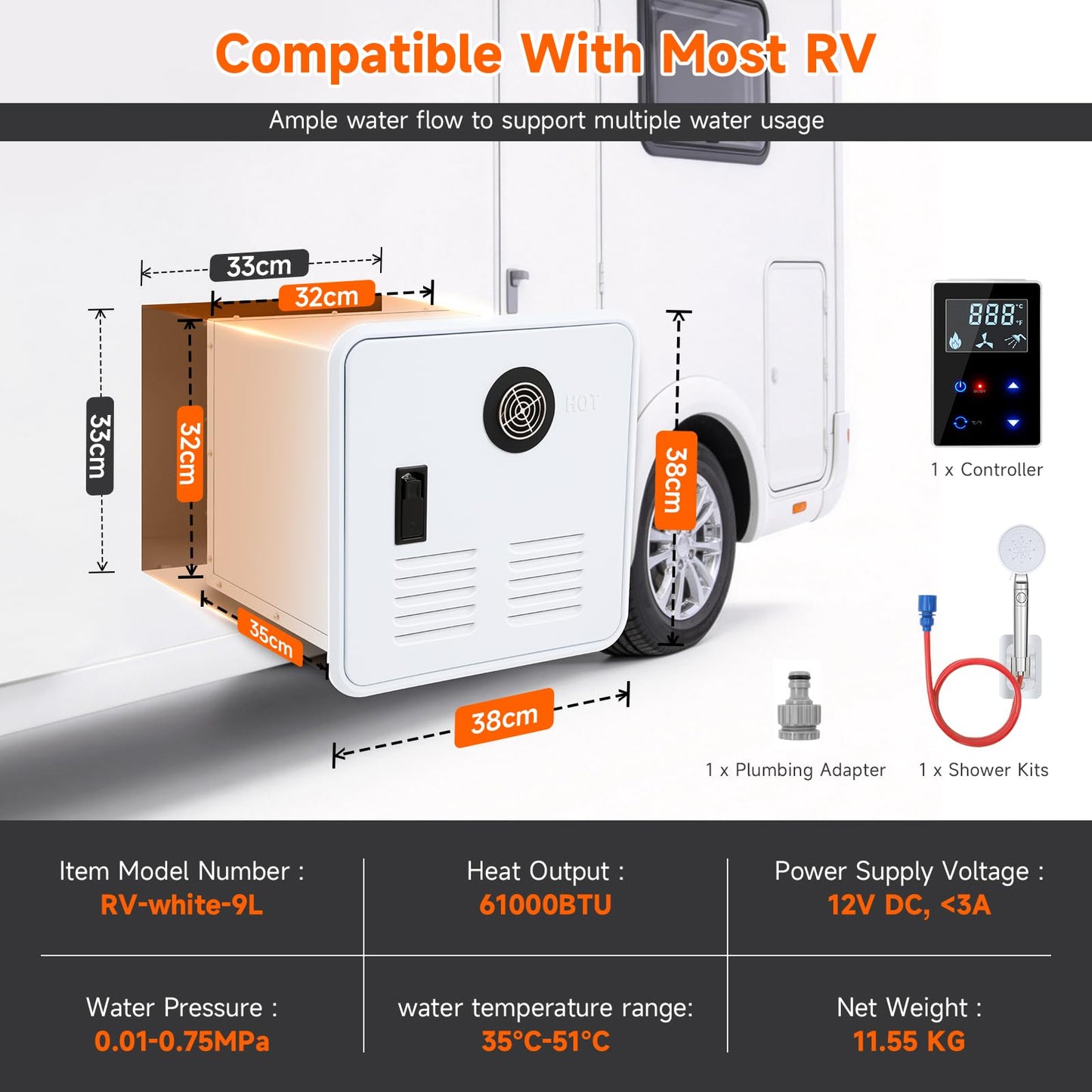 RV Tankless Water Heater, 61,000 BTU On Demand Instant Propane Gas RV Tankless Hot Water Heater with White Door and Remote, 3.9 GPM, 12V，Multi-Protection for RVers' Everyday Use