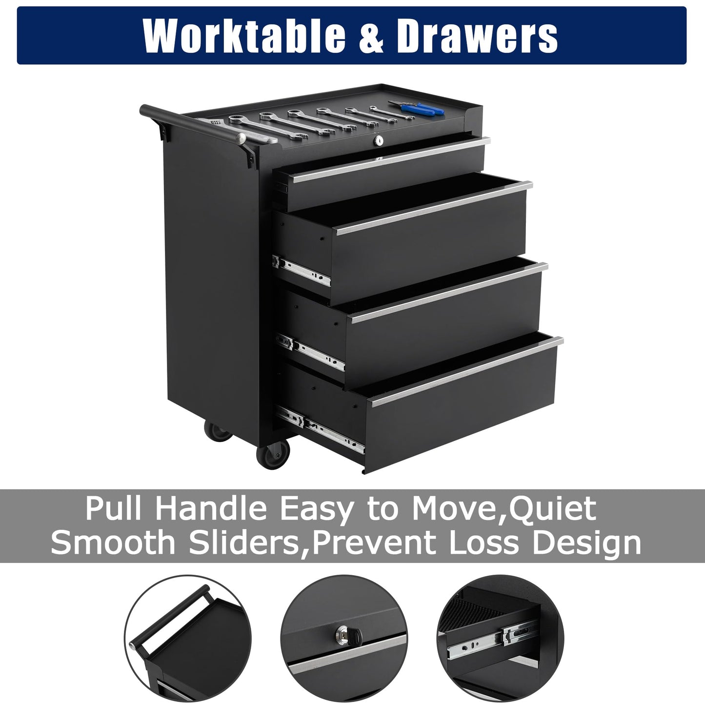 EliteEdge 24” Heavy-Duty Rolling Tool Cabinet, 4-Drawer Lockable Steel Tool Chest with 4 Locking Wheels & Reinforced Frame, High Weight Capacity Organizer for Garage, Workshop, and Home Use