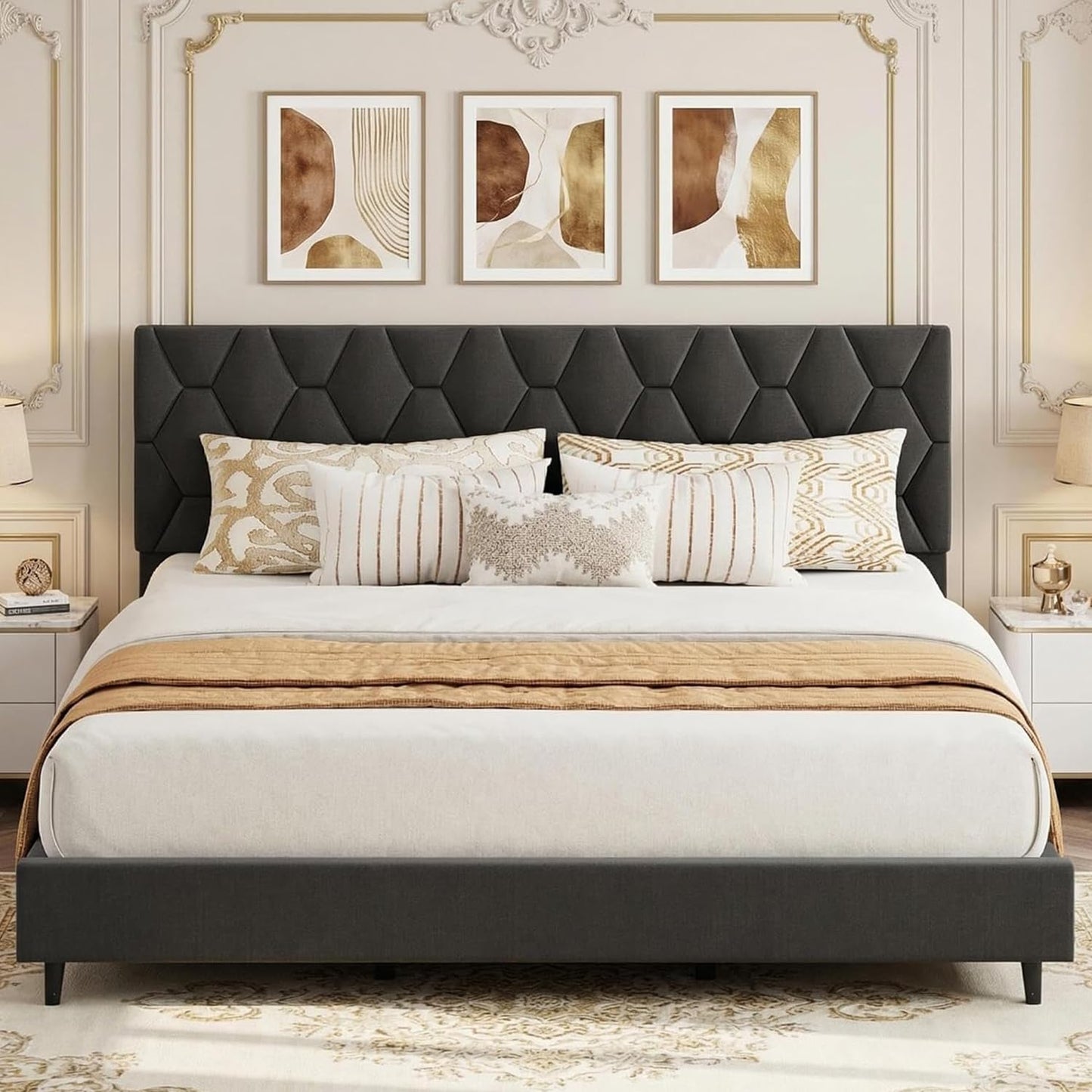 Garvee King Size Bed Frame, Platform Bed Frame with Upholstered Adjustable Headboard, Mattress Foundation with Strong Wooden Slats Support, No Box Spring Needed, Noise Free, Easy Assembly, Gray